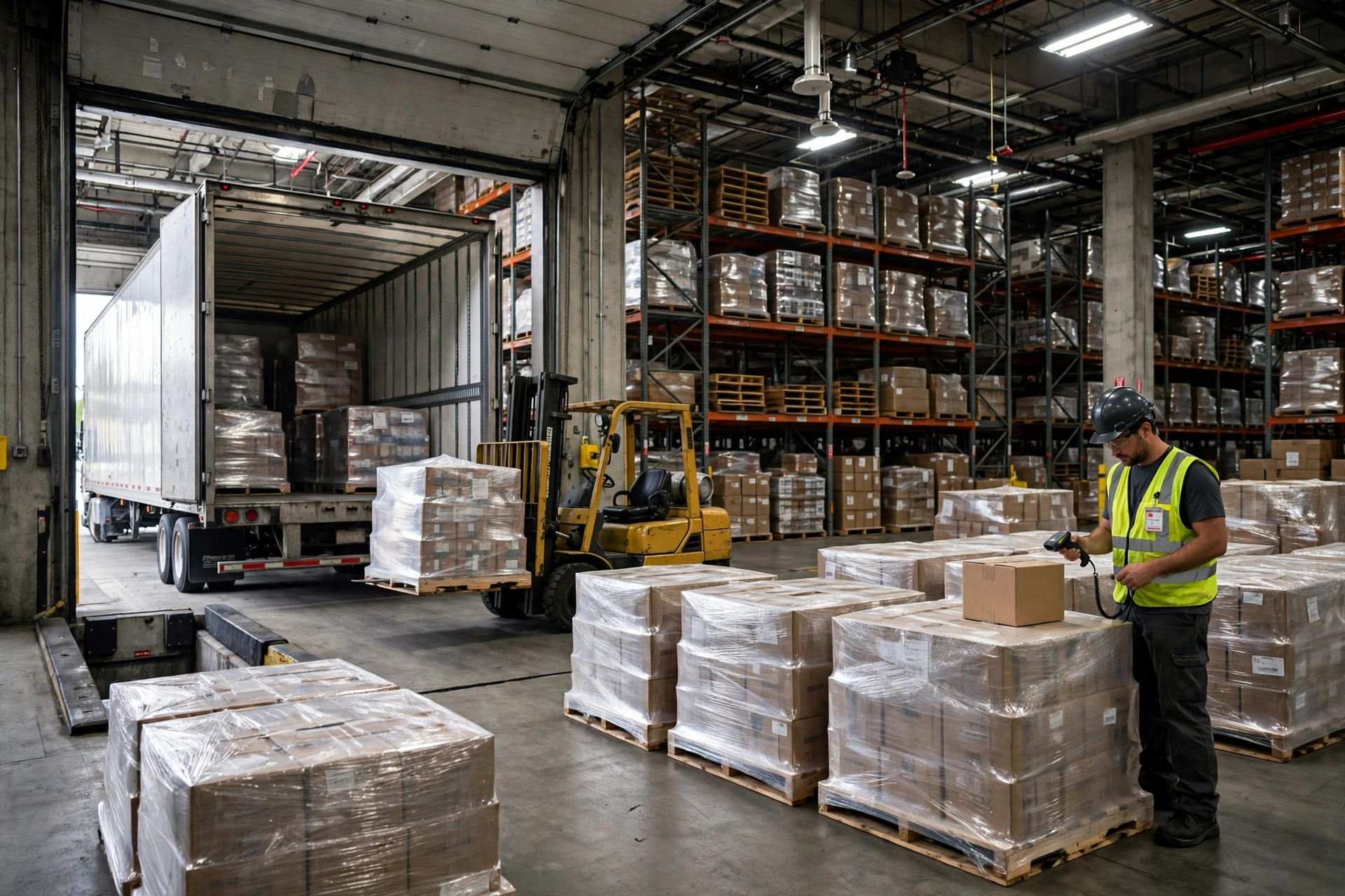 倉庫の入庫ドックで、トラックのトレーラーからパレット化された貨物を荷下ろしするフォークリフト