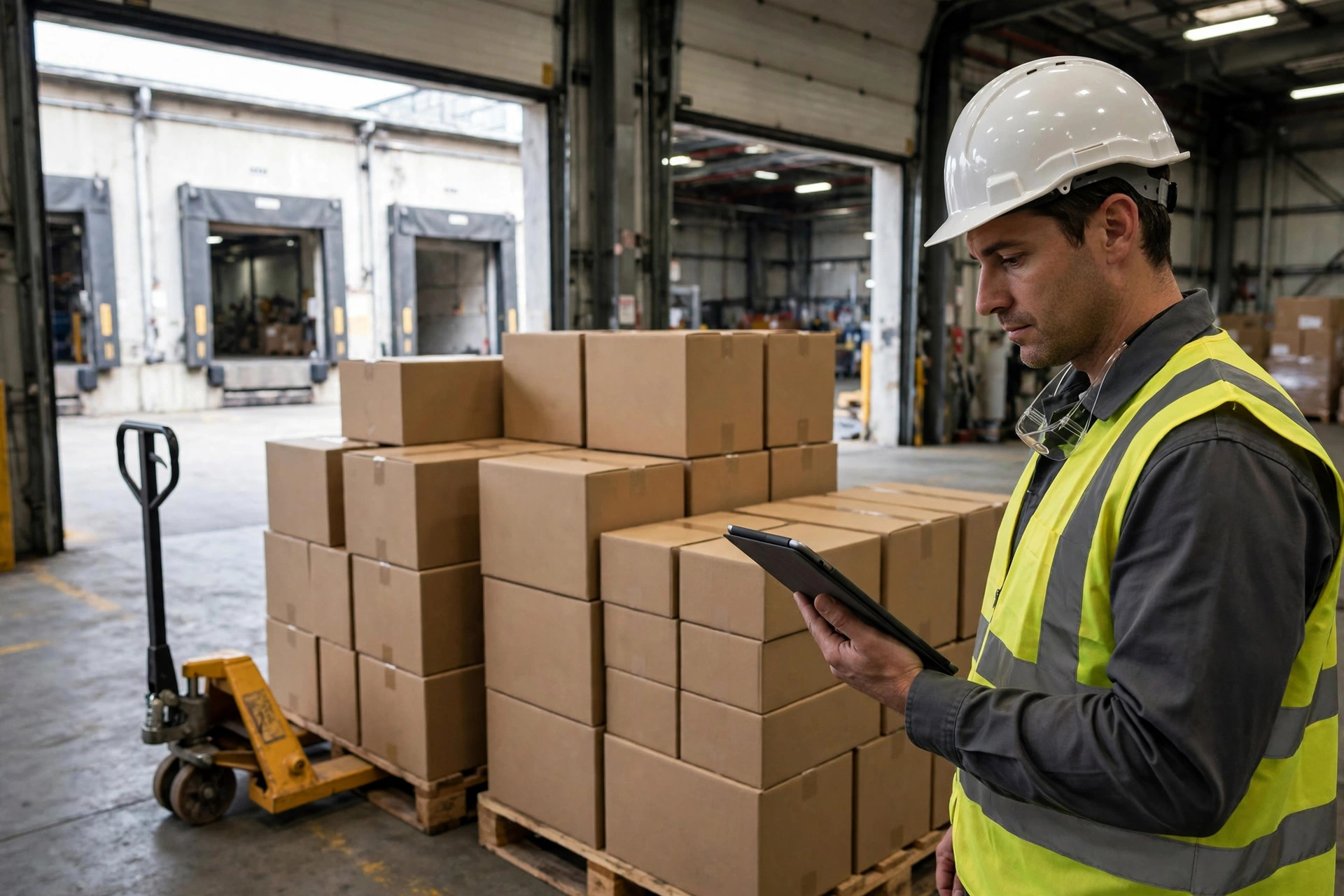 Un superviseur d'entrepôt contrôlant des palettes entrantes avec une tablette sur un quai de réception 3PL