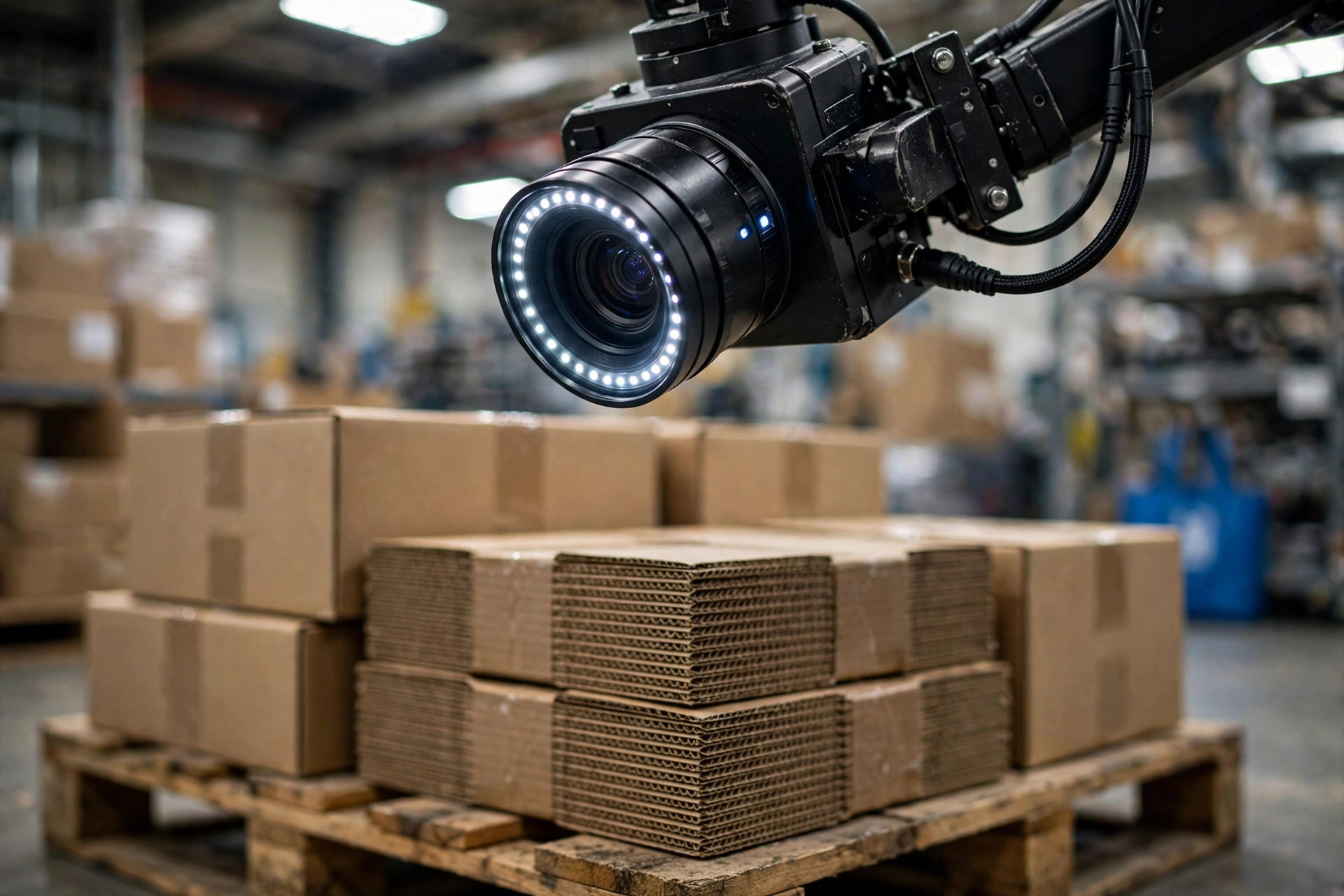 Gros plan d'une caméra d'inspection par vision IA pointée vers des cartons sur une palette à une station de contrôle qualité