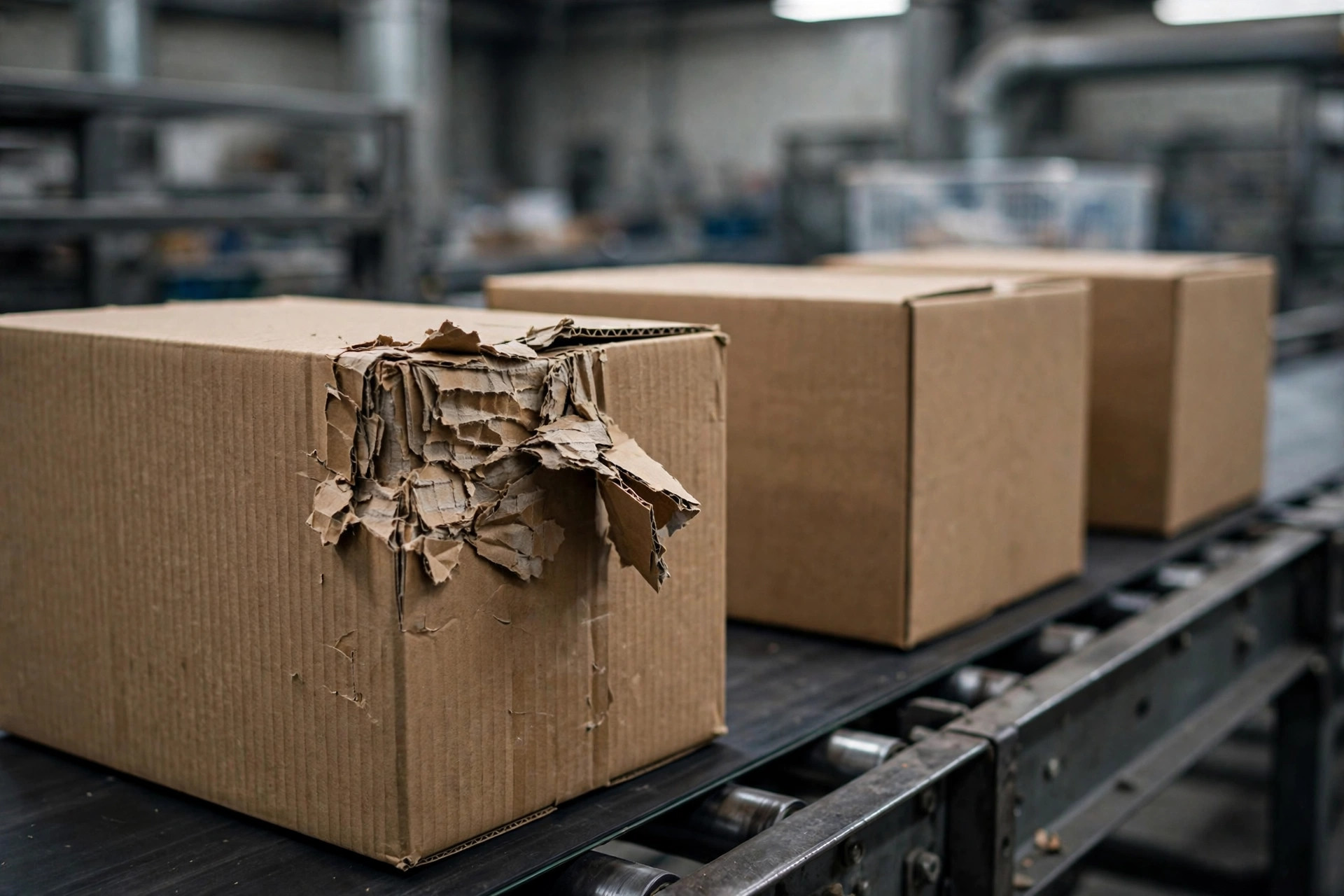 Primer plano de cajas de cartón corrugado en un transportador, una con daño visible en la esquina
