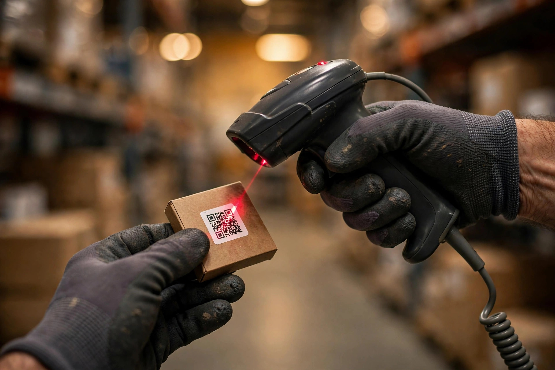 Trabajador de almacén escaneando una etiqueta QR antifalsificación en el empaque de un producto con un escáner de mano