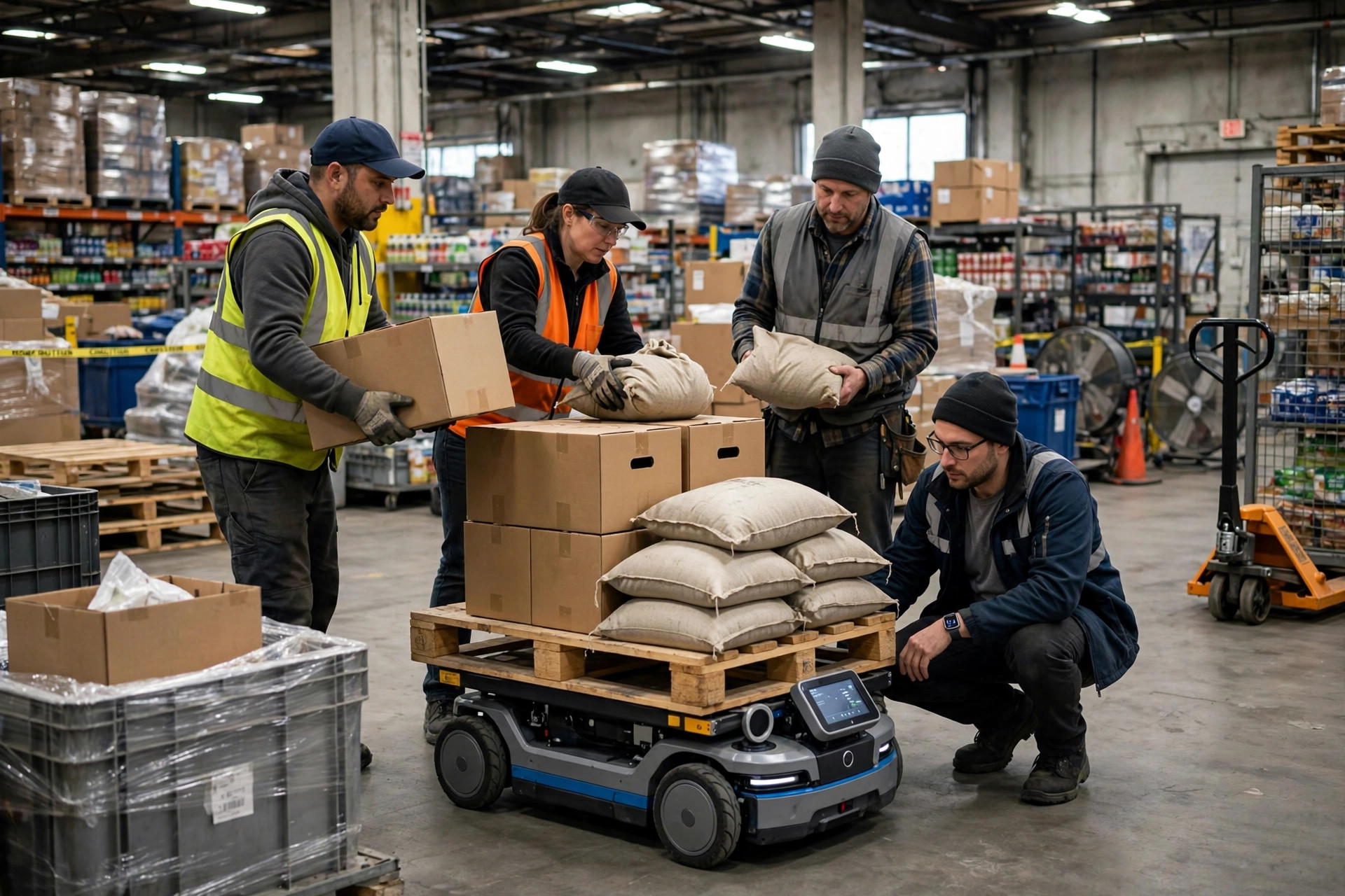 Robot AMR transportant une palette chargée dans un entrepôt