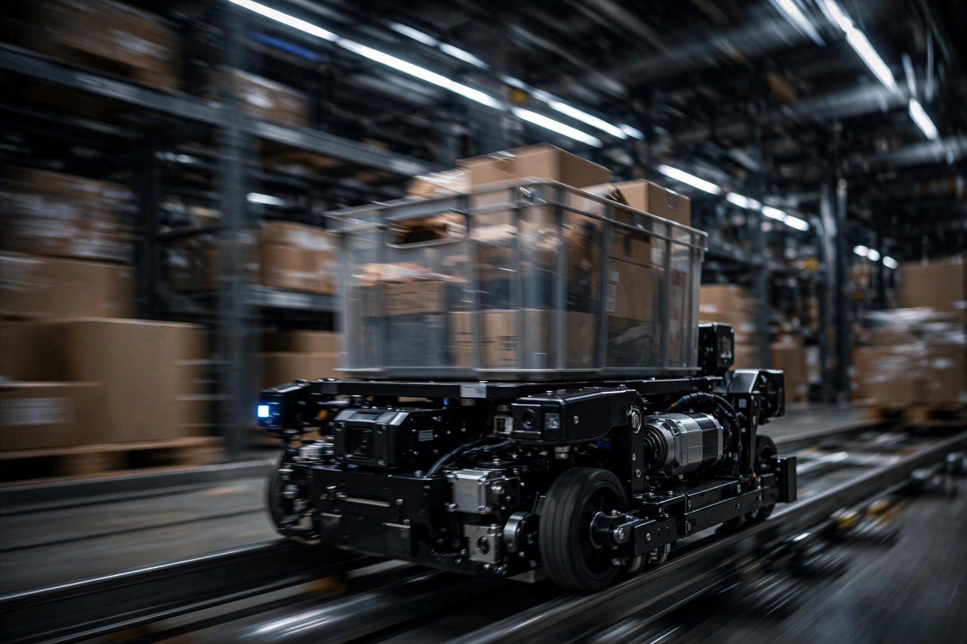 Un chariot navette filant à toute vitesse sur les rails d'une allée ASRS en transportant un bac — la priorité des tâches décide quelle commande part en premier