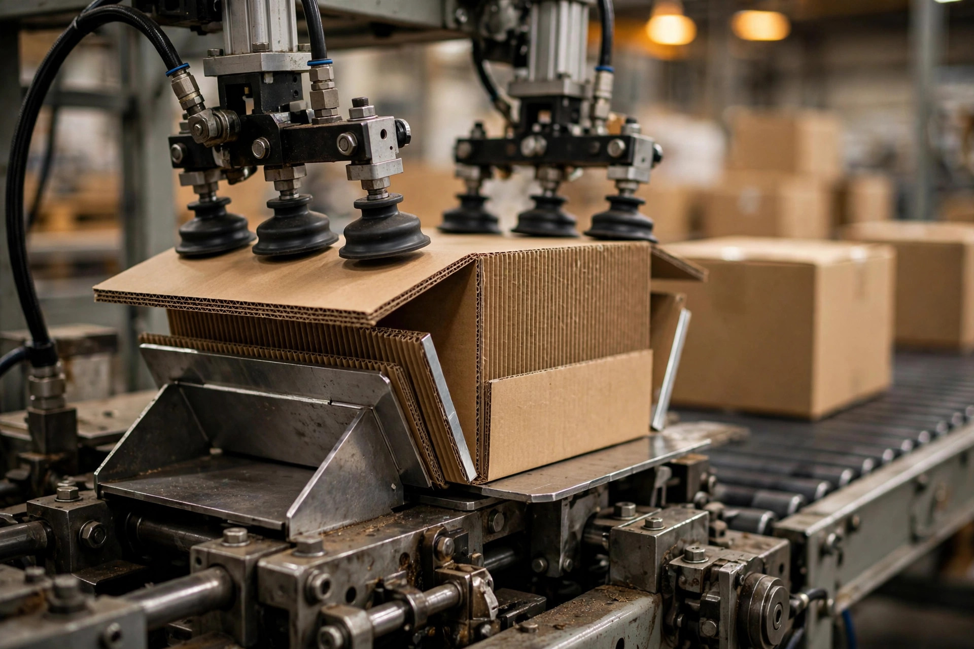 Automatic case erector forming boxes on a packing line