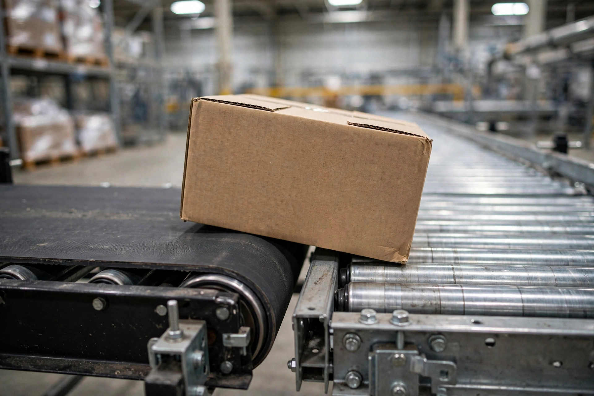 Primer plano de una caja de cartón pasando de un transportador de banda a un transportador de rodillos