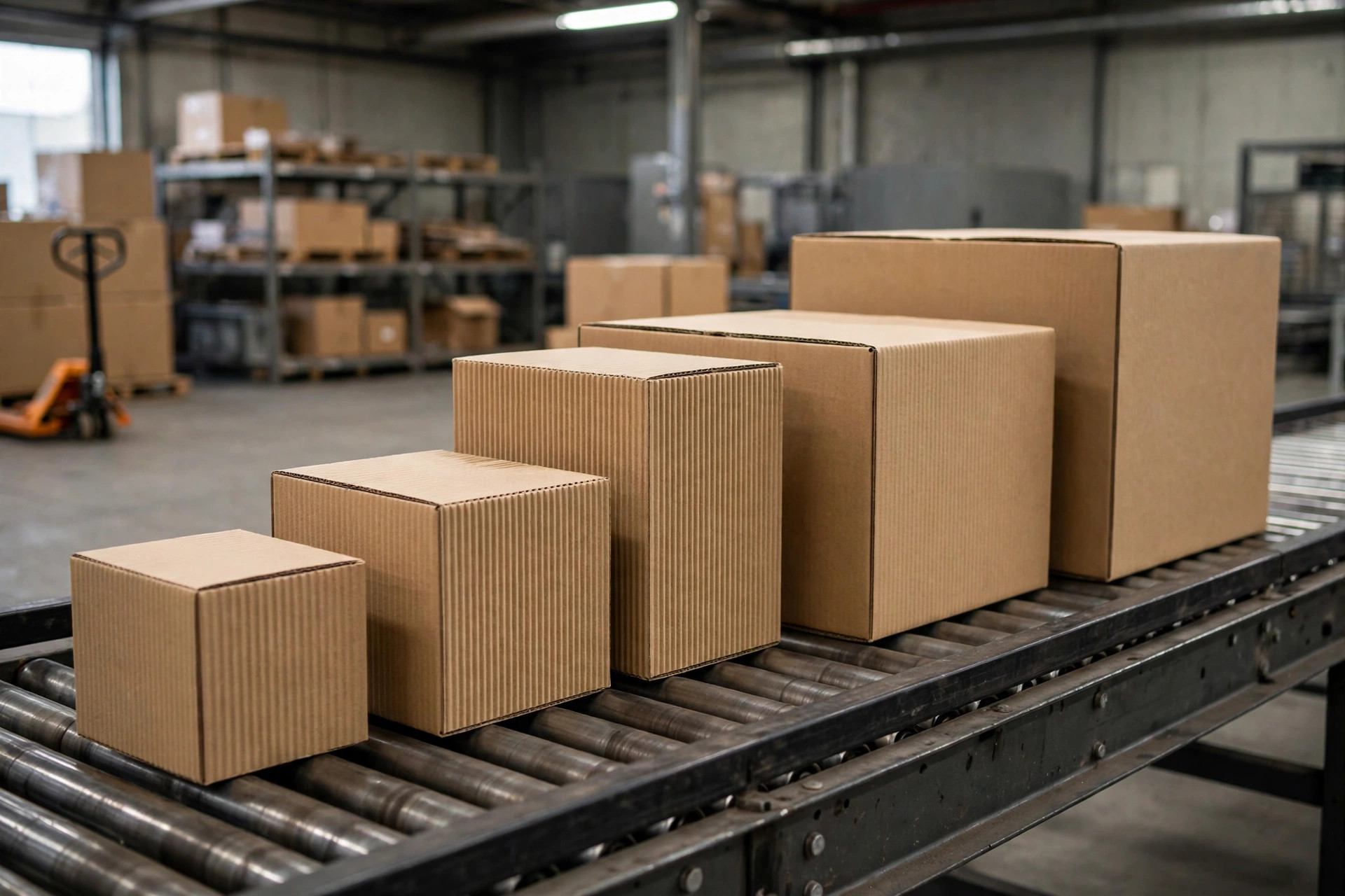 A pack station with a box-matching cheat sheet taped in front, worker selecting a right-sized carton