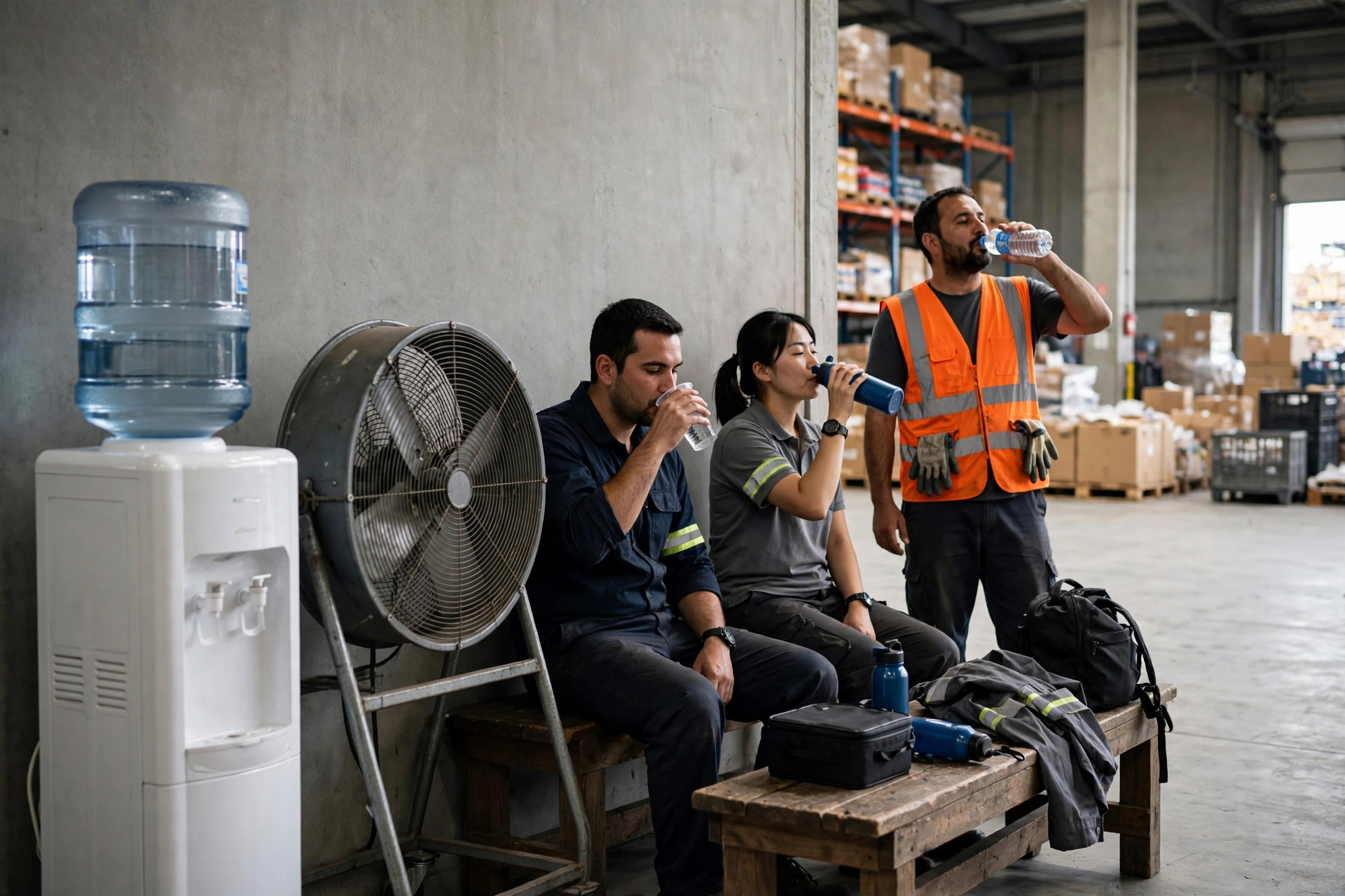 Zone de repos d'un entrepôt avec station d'eau et ventilateurs