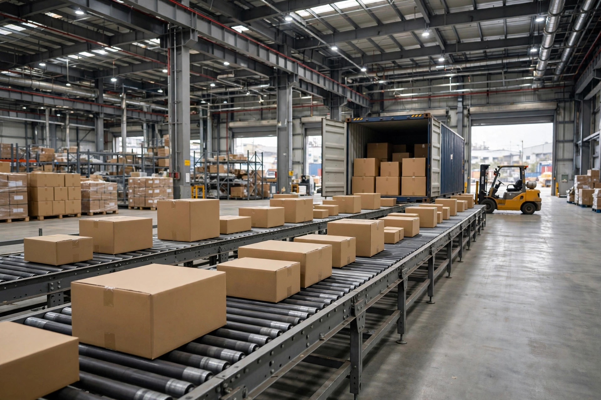 Paquetes de exportación en una línea de clasificación siendo cargados en un contenedor
