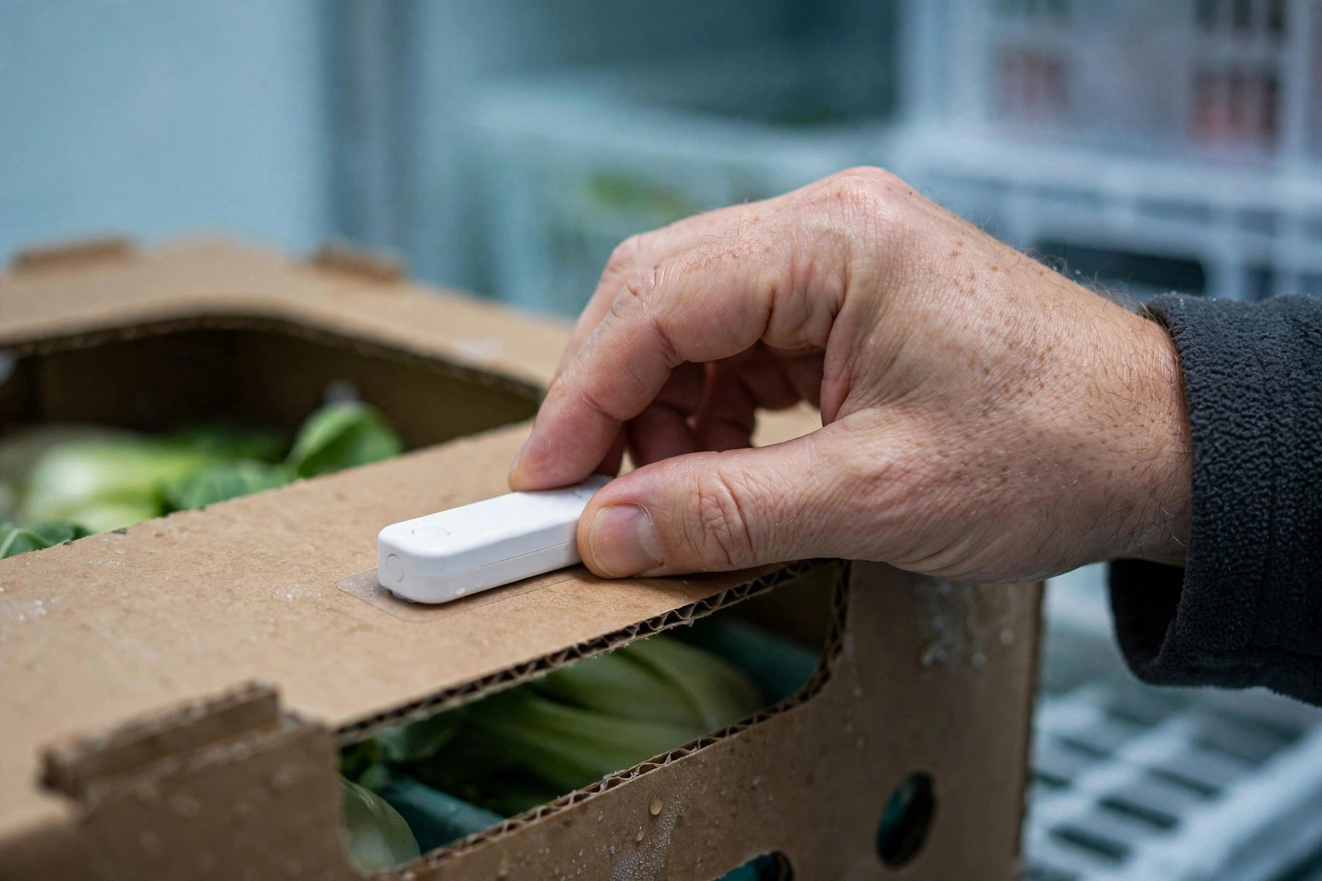 Primer plano de un pequeño registrador de temperatura adherido a una paleta de alimentos frescos