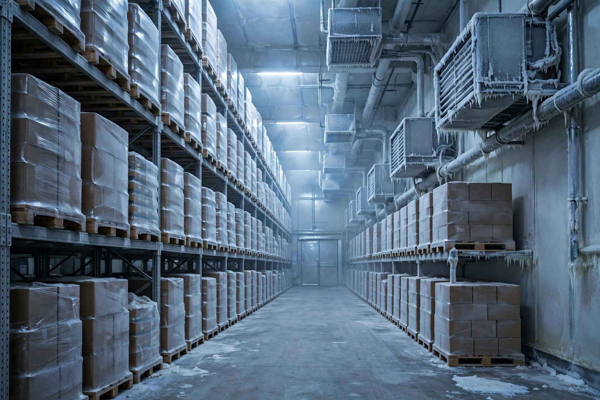 Interior de um armazém frigorífico com prateleiras altas para paletes e unidades evaporadoras de refrigeração com geada