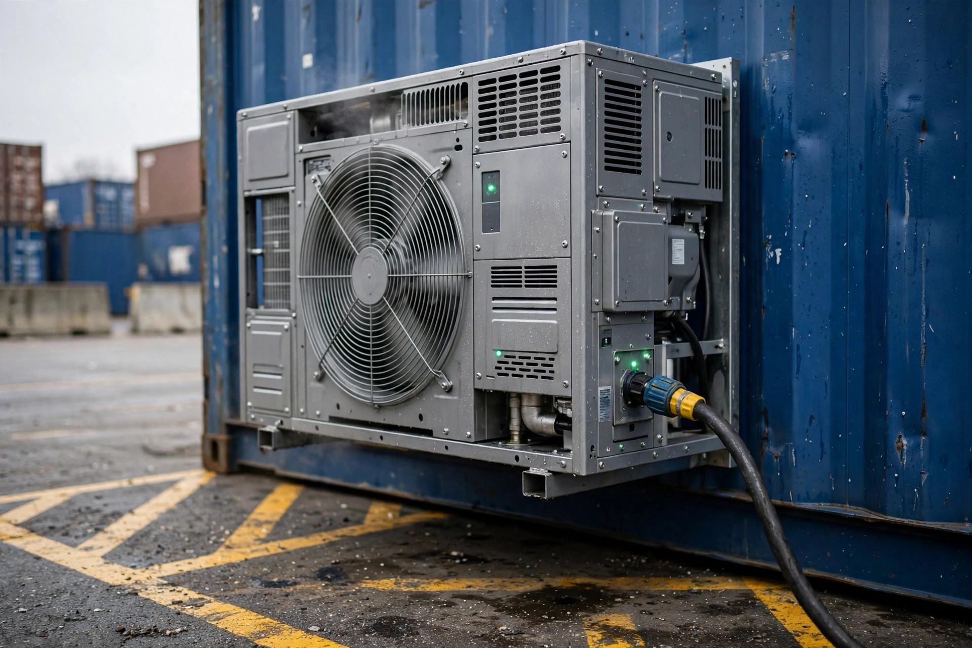 Reefer containers plugged in at a container yard