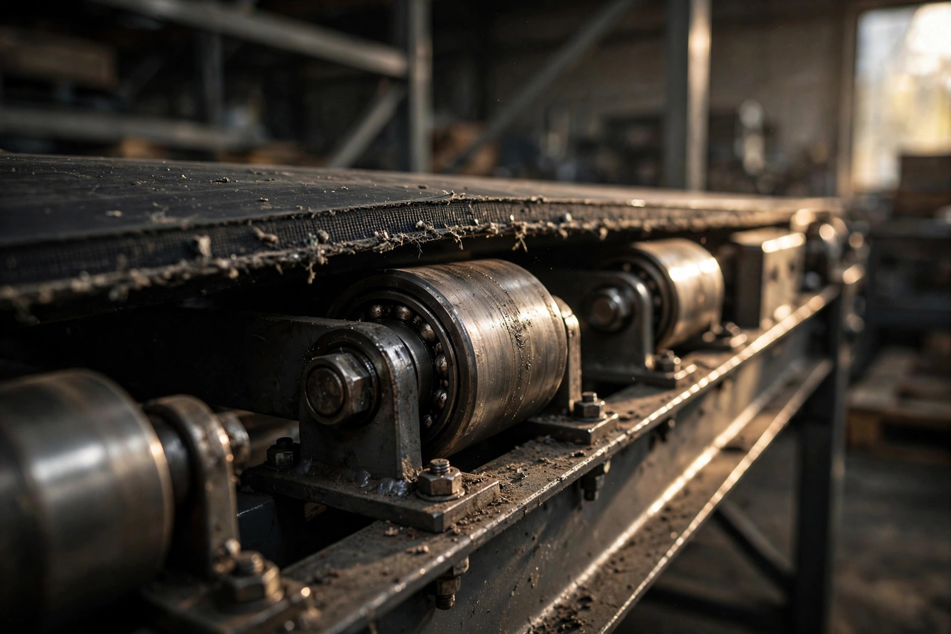 Close-up of conveyor rollers and belt tracking