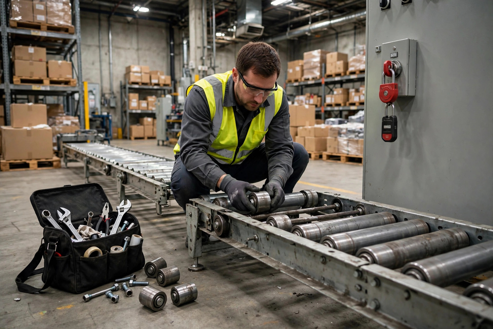 Close-up of conveyor belt rollers