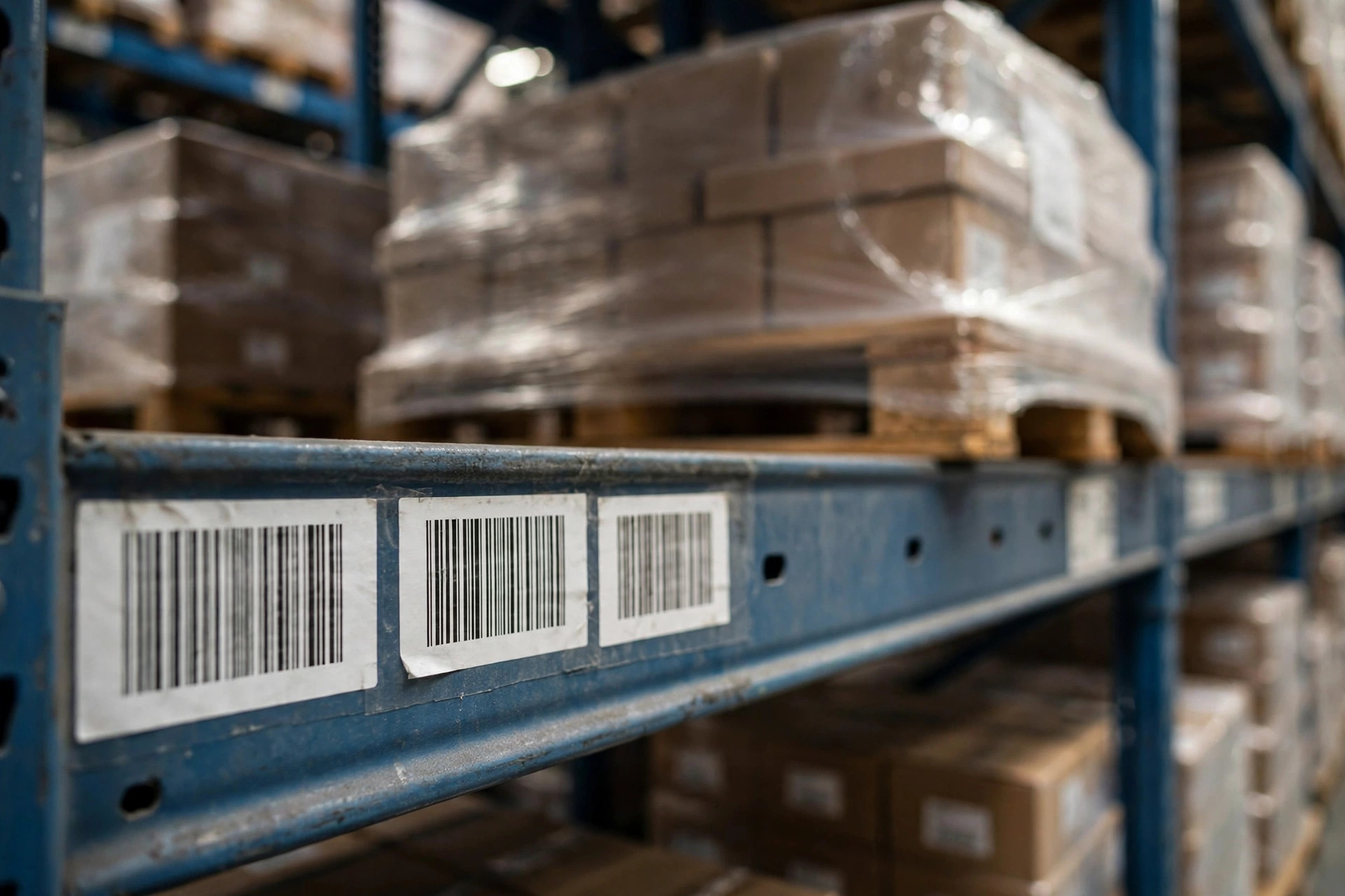 Primer plano de etiquetas de código de barras de ubicaciones en rack, pallets perfectamente apilados