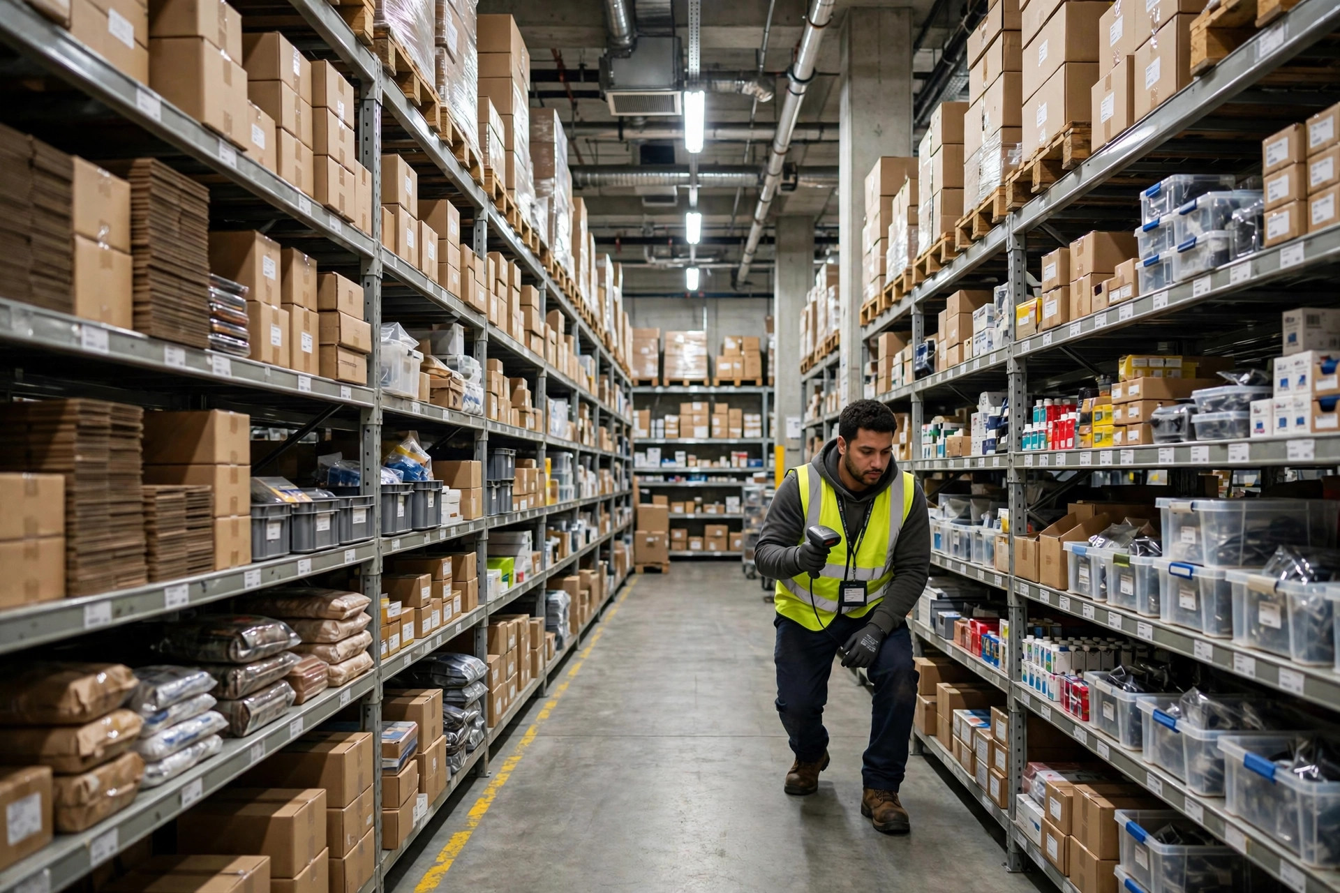 A warehouse aisle with fully stocked shelves, a worker doing cycle counts with a handheld device