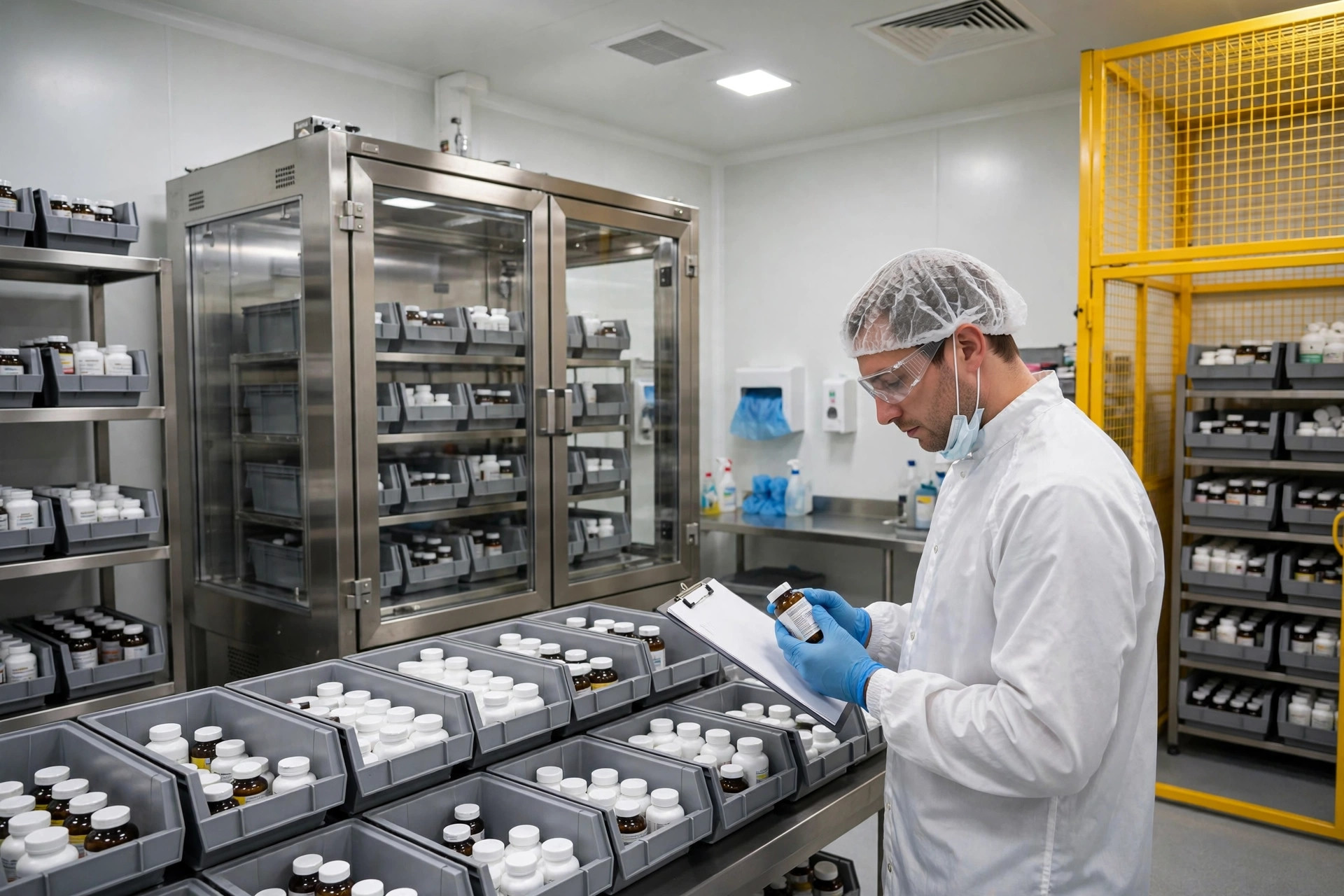 Técnico de controle de qualidade inspecionando frascos de suplementos alimentares em área de armazenamento sob controle de quarentena
