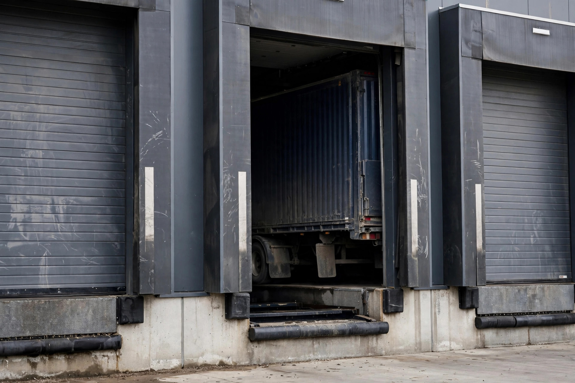 Trucks queued at warehouse dock doors