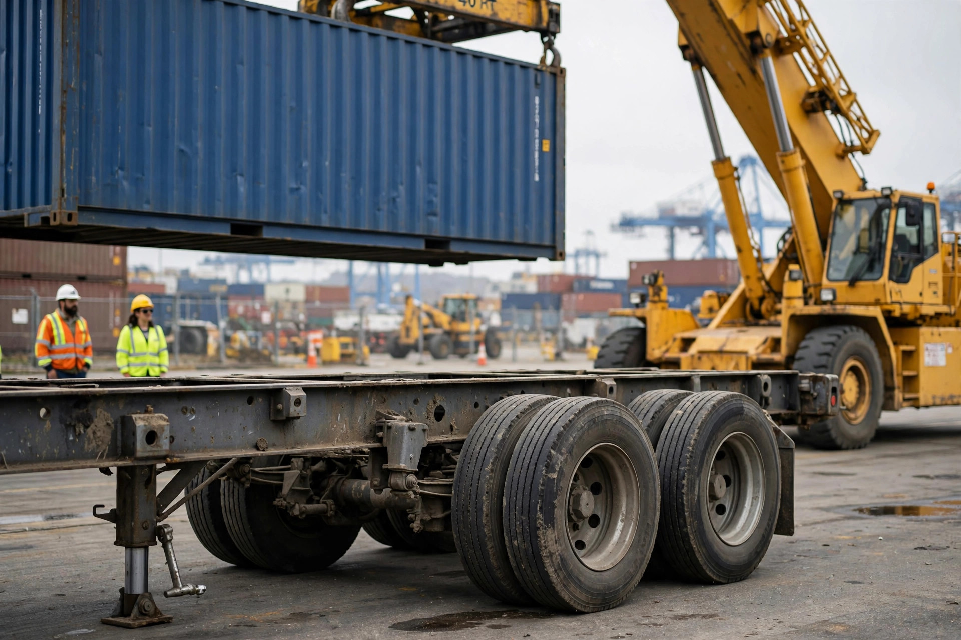 Primer plano de un remolque con chasis para contenedores en una terminal portuaria de EE. UU.