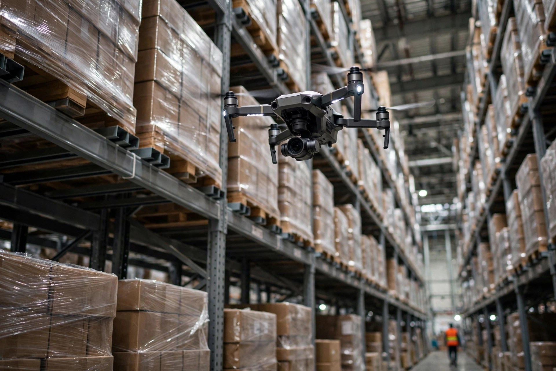 Un dron escaneando códigos de barras en lo alto de las estanterías de un almacén