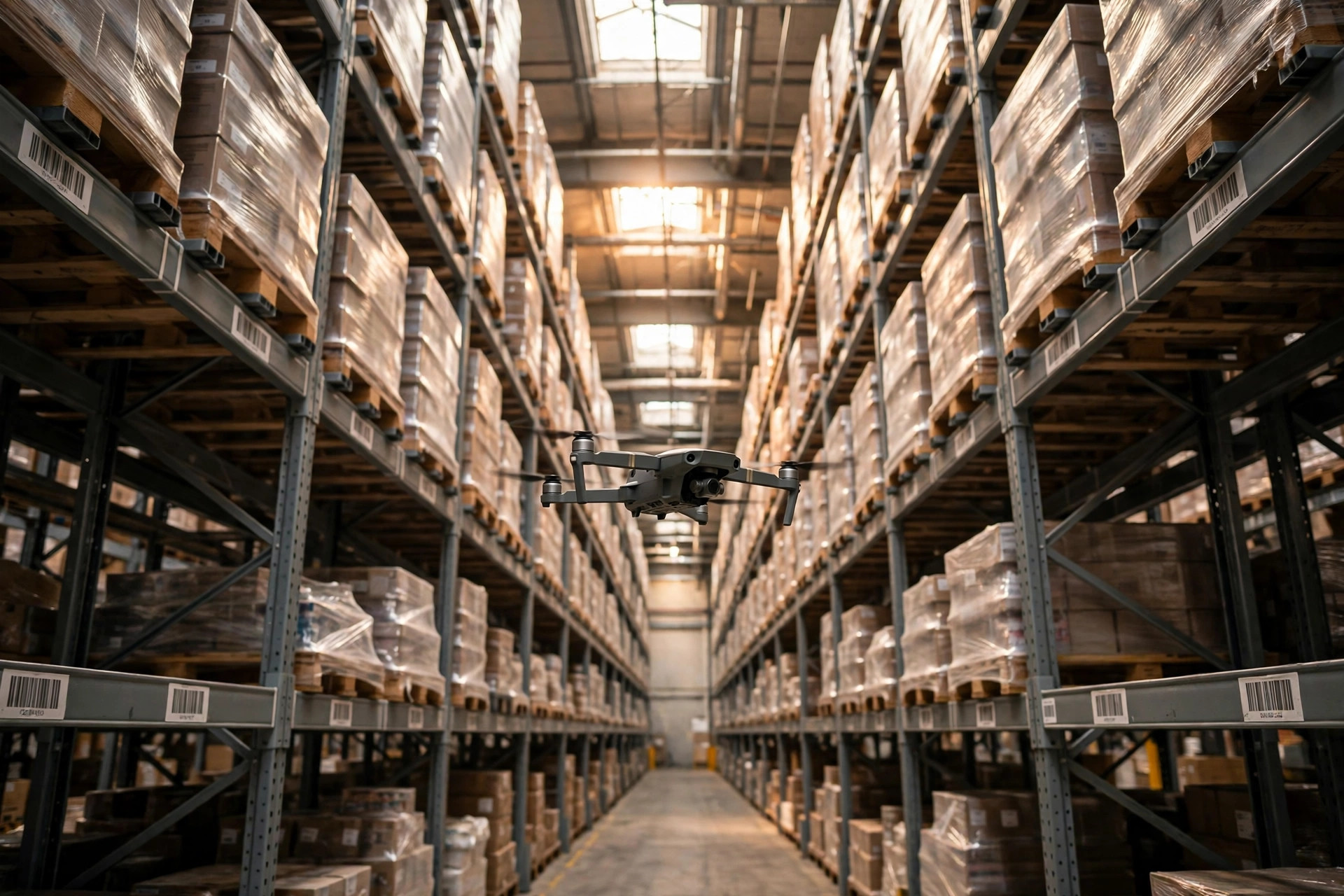 Conteo de inventario en almacén con drones: la vista de un camionero desde los racks altos