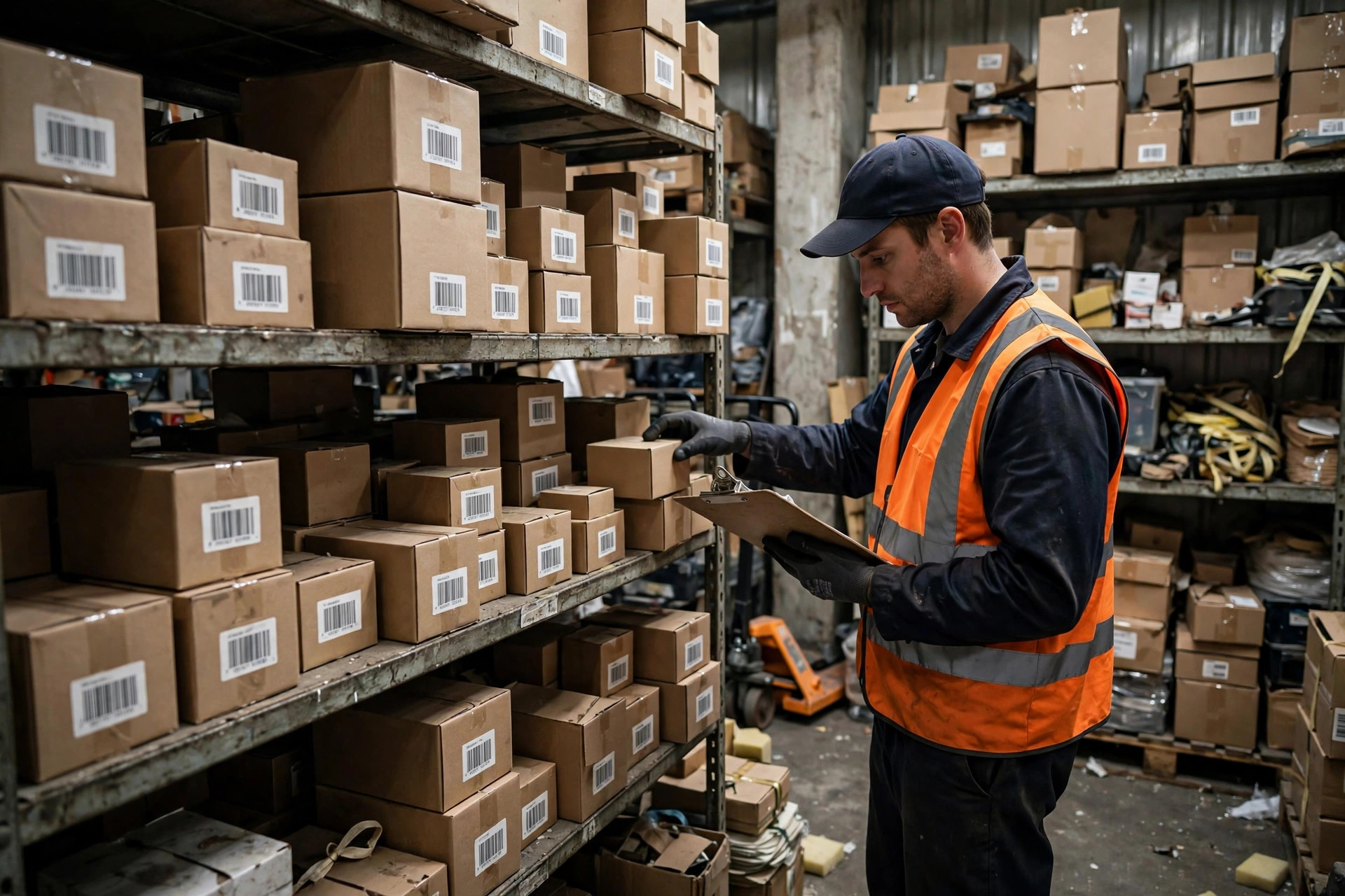 Un employé d'entrepôt avec un presse-papiers comptant de petites boîtes sur des étagères bondées pendant un comptage cyclique
