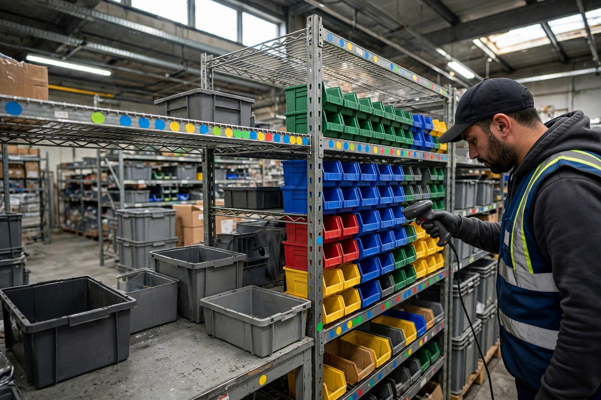 Zona de kitting en un pequeño almacén de e-commerce con cubetas de componentes agrupadas por bundle, picker escaneando artículos