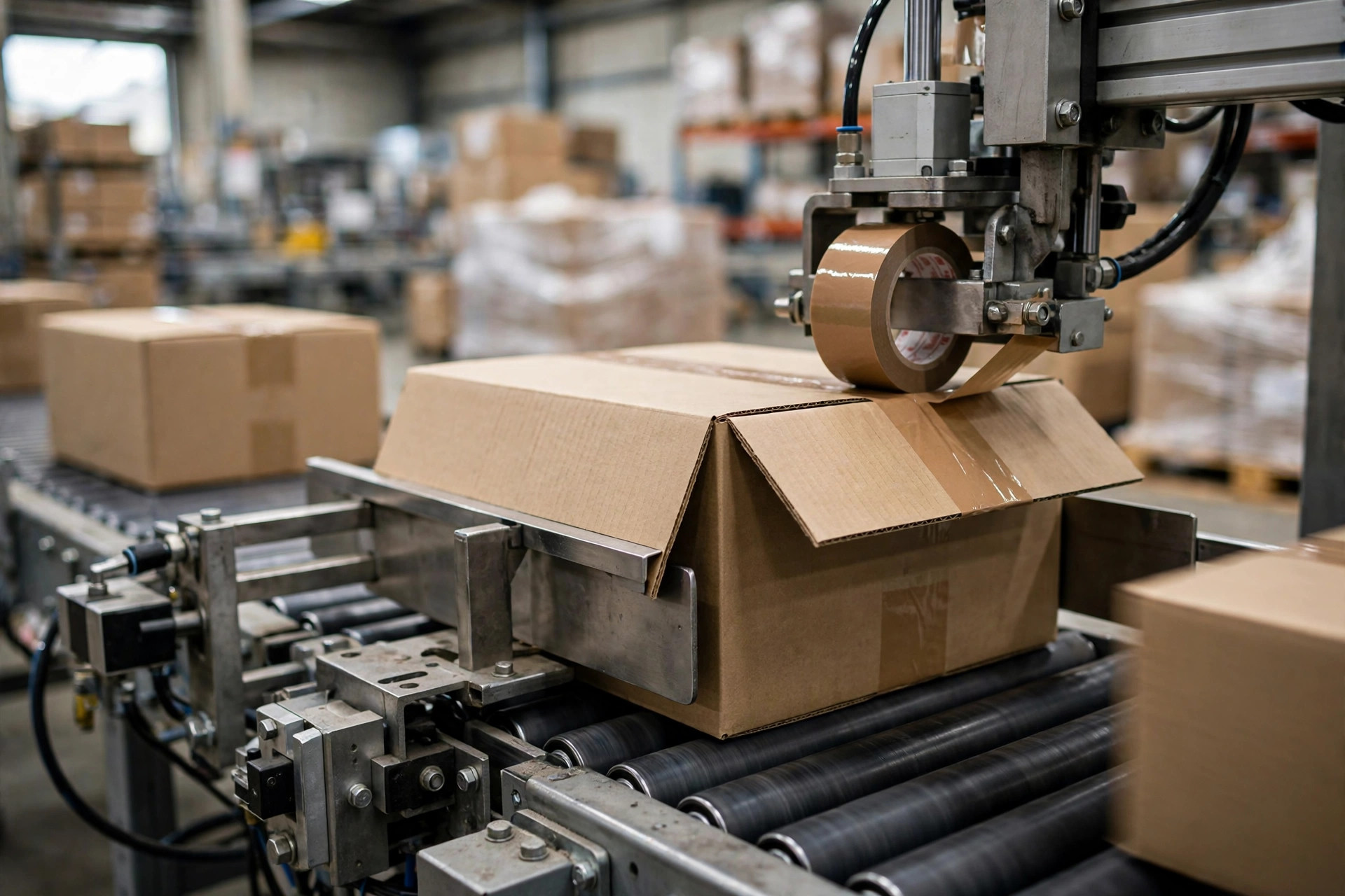 Un applicateur de ruban adhésif scellant des cartons sur une ligne de conditionnement