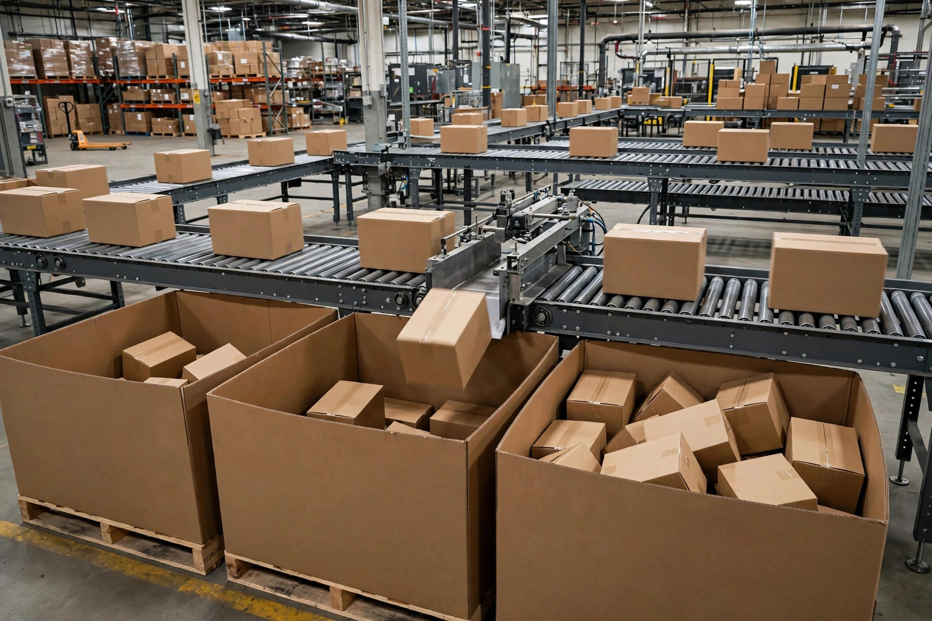 Zona de clasificación de un centro logístico de FBA, cajas en líneas transportadoras desviadas hacia diferentes contenedores