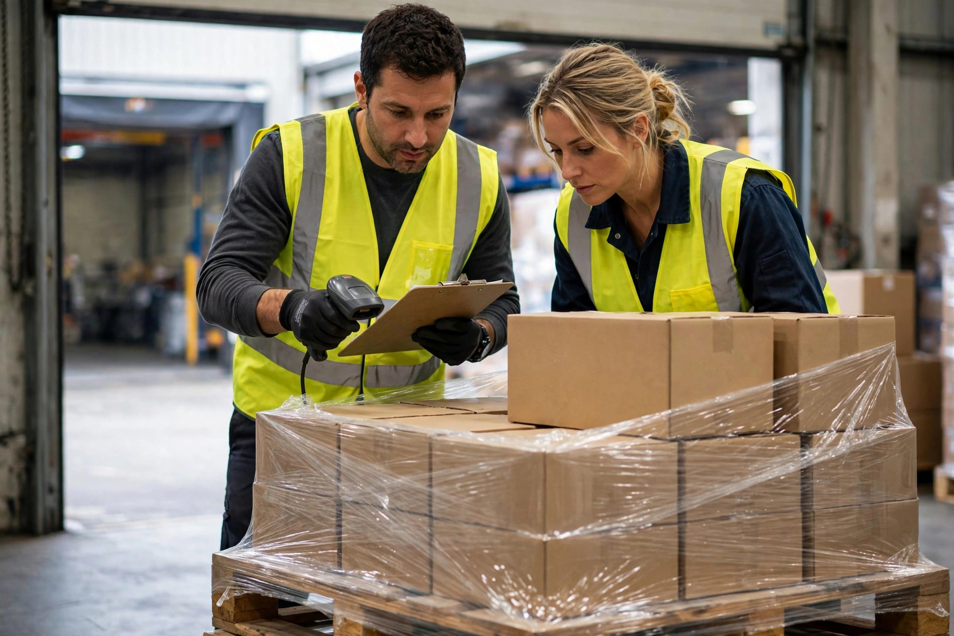 Trabajadores de almacén inspeccionando un palet de mercancías