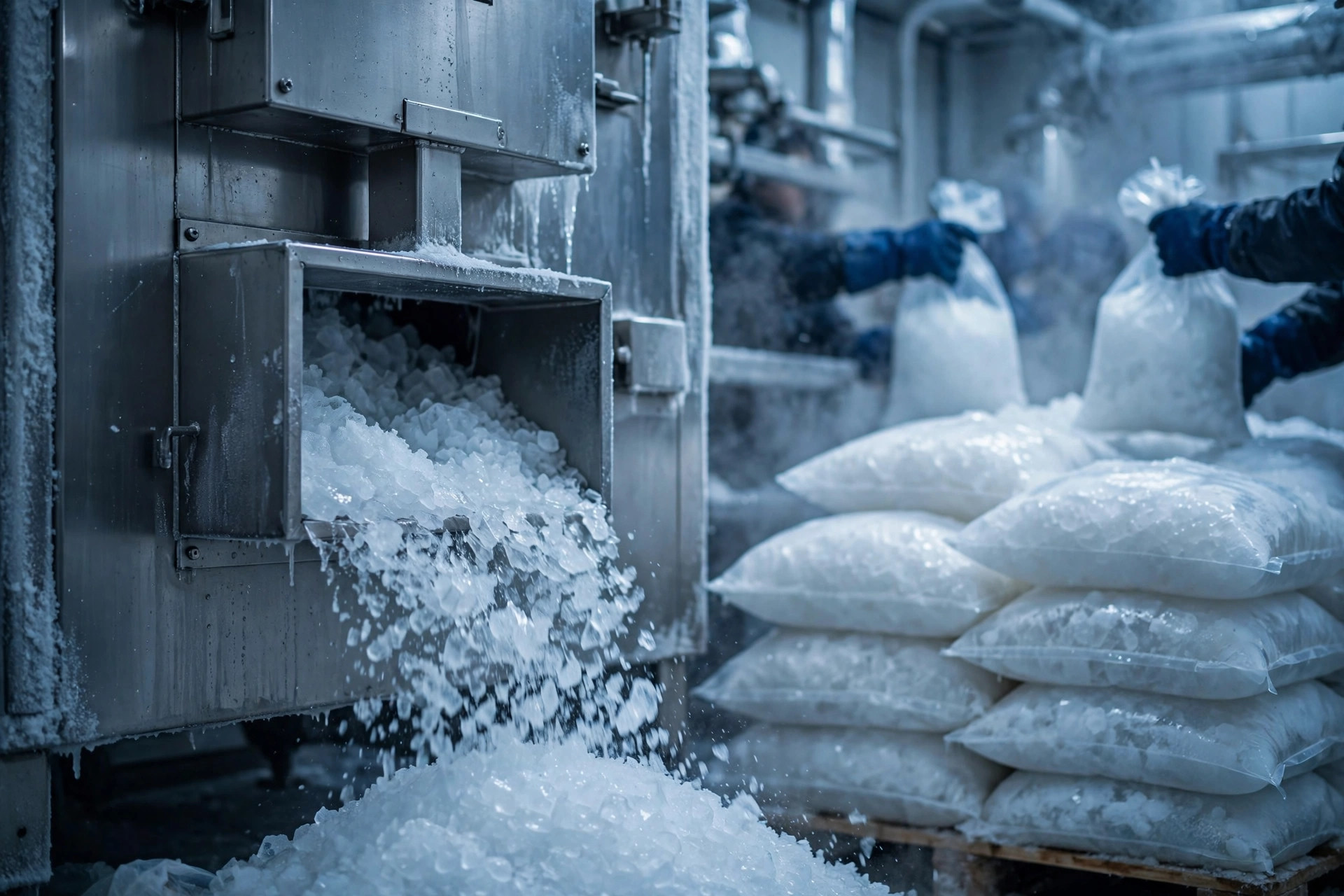An ice machine dispensing ice beside stacked bags of ice in a seafood cold storage warehouse