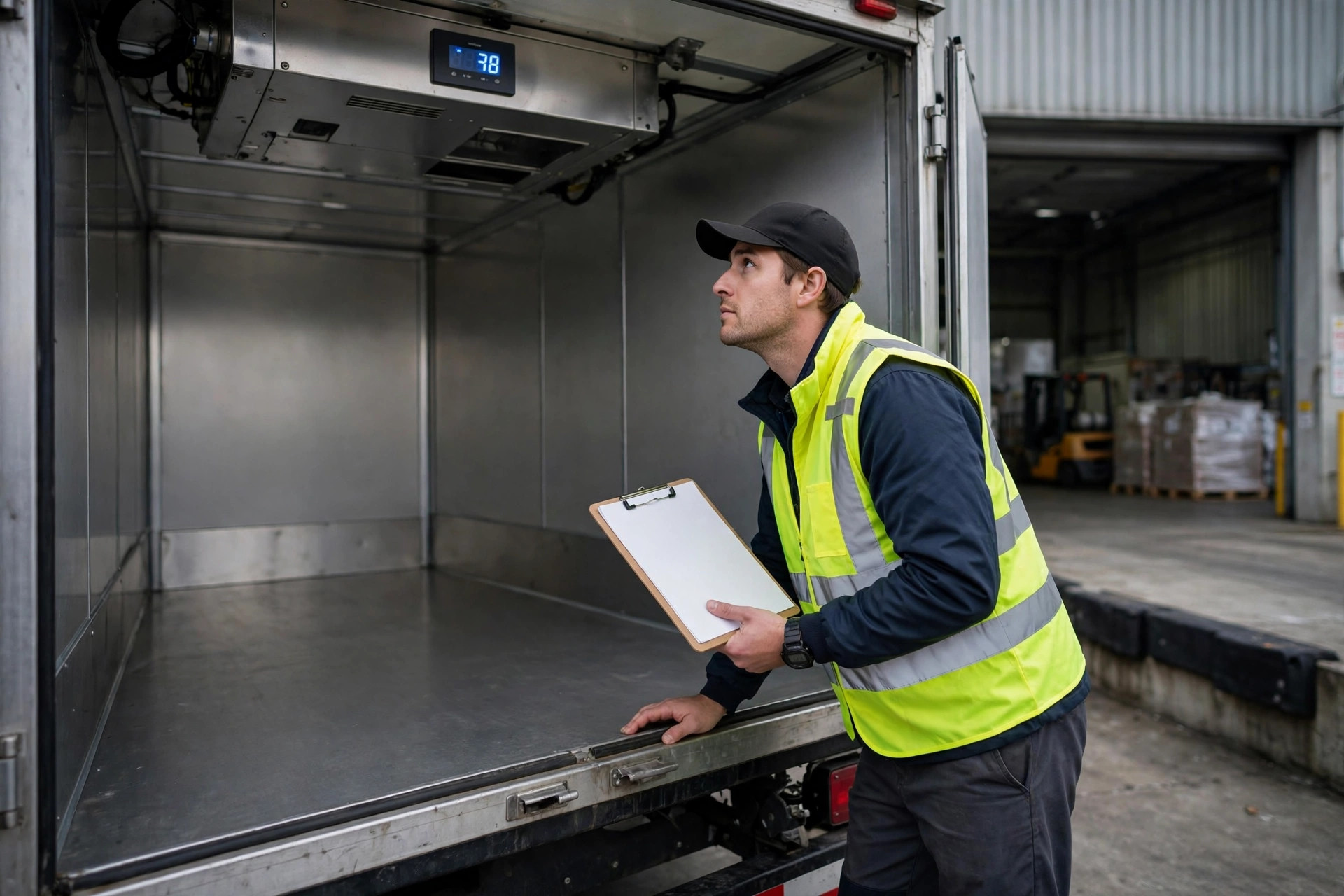 Empleado de recepción de almacén inspeccionando el interior del remolque refrigerado y la temperatura