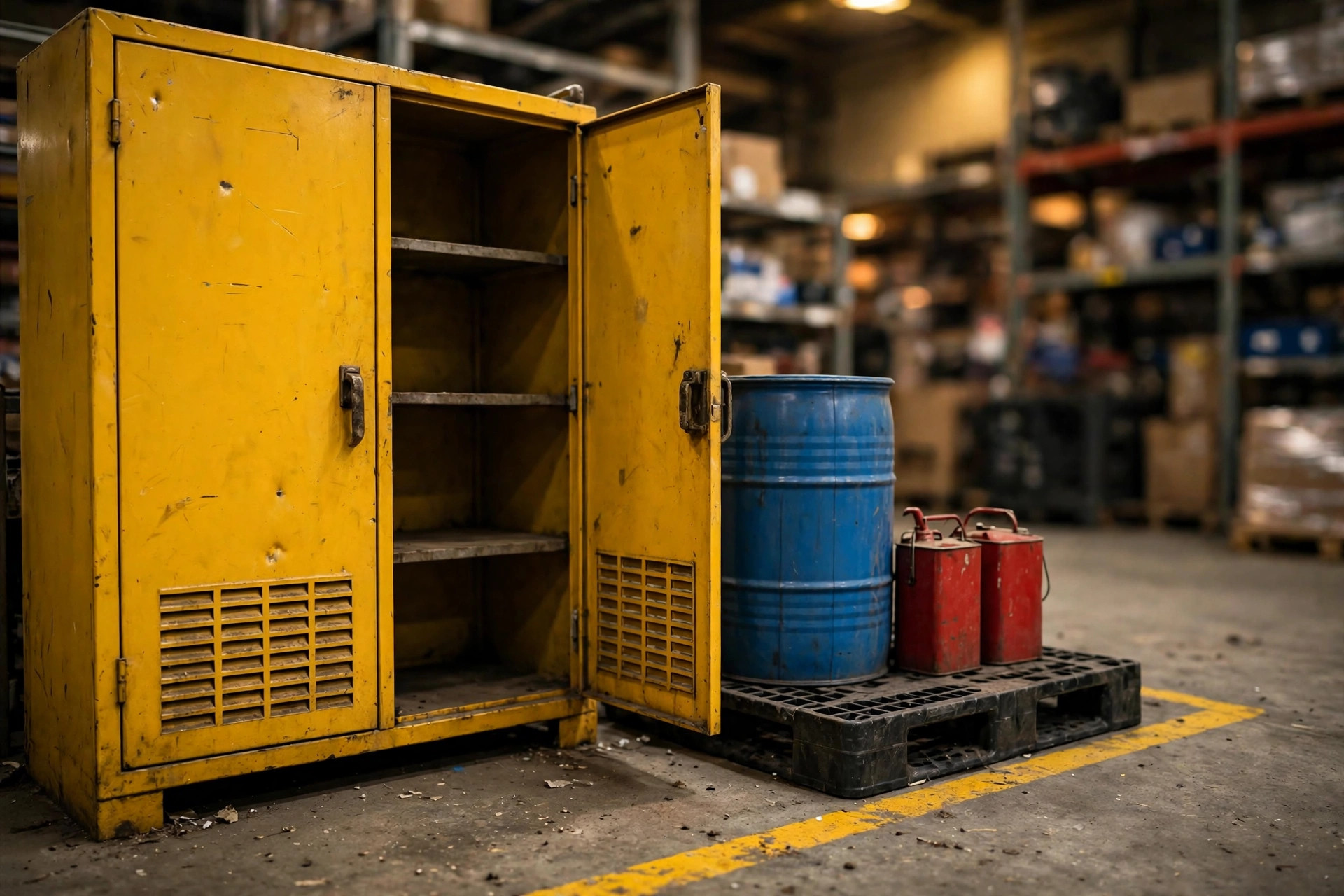 Gabinetes amarillos de almacenamiento de inflamables en un área de hazmat de almacén
