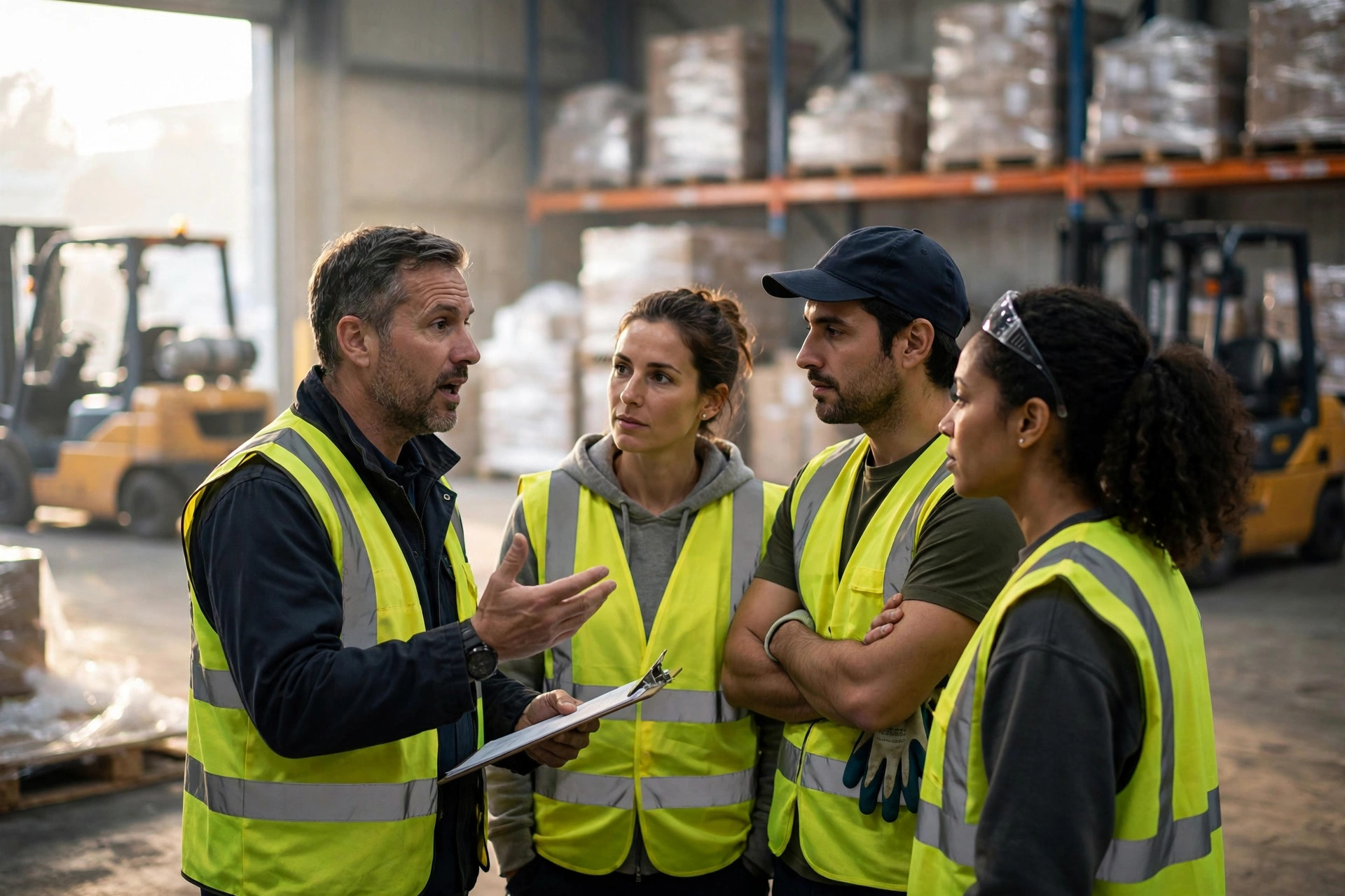 Briefing matinal d'avant-équipe d'une équipe d'entrepôt