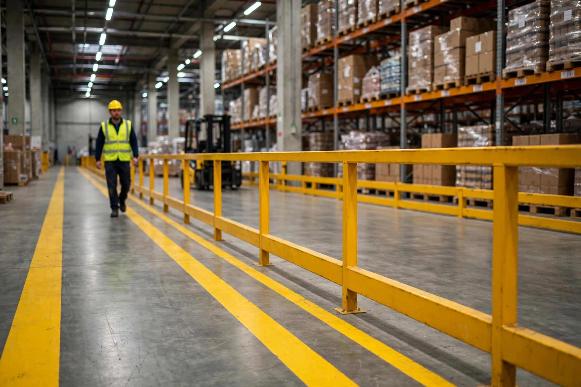 Guard-railed pedestrian walkway beside forklift operating area in a warehouse