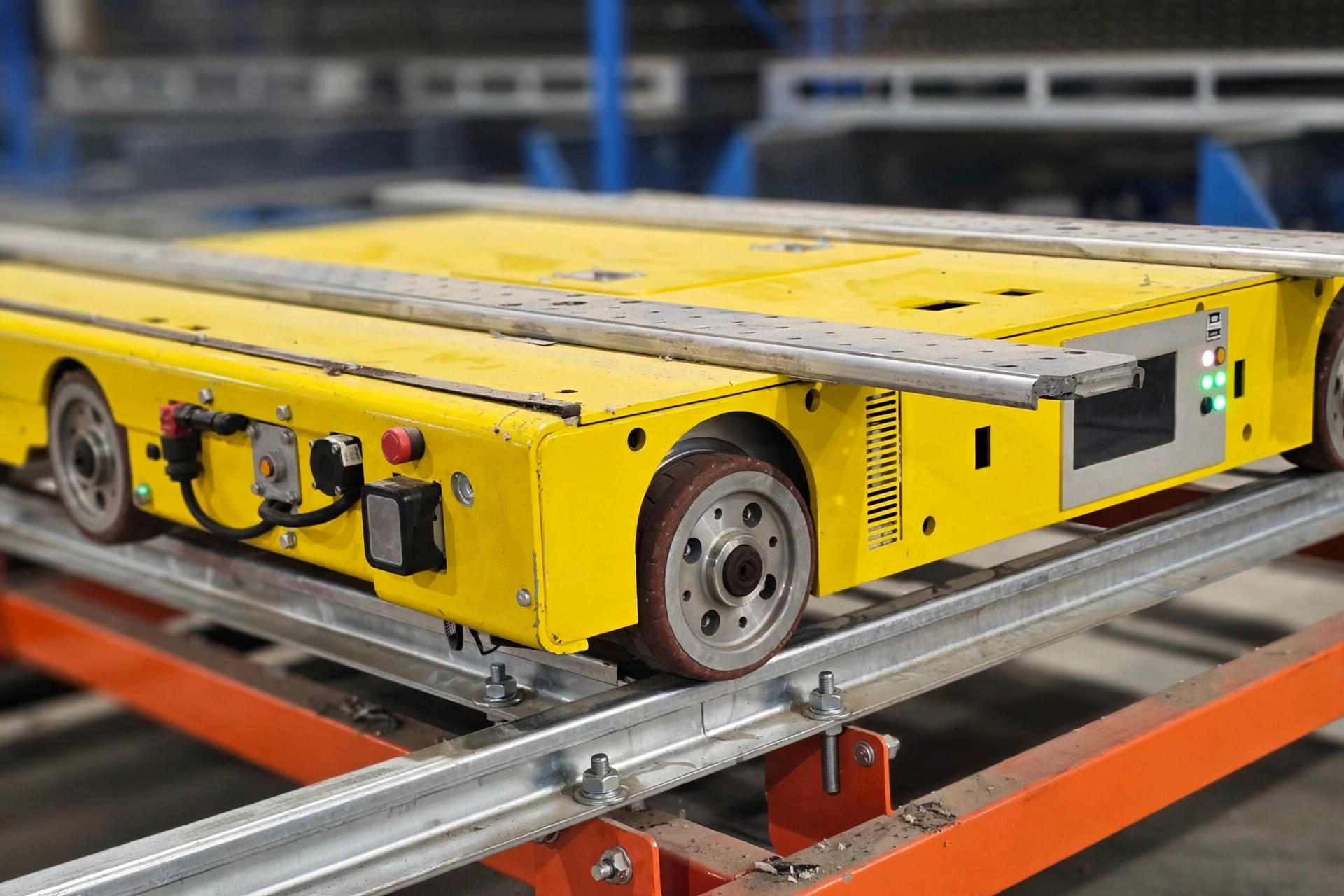 Une navette quadridirectionnelle sur les rails des rayonnages
