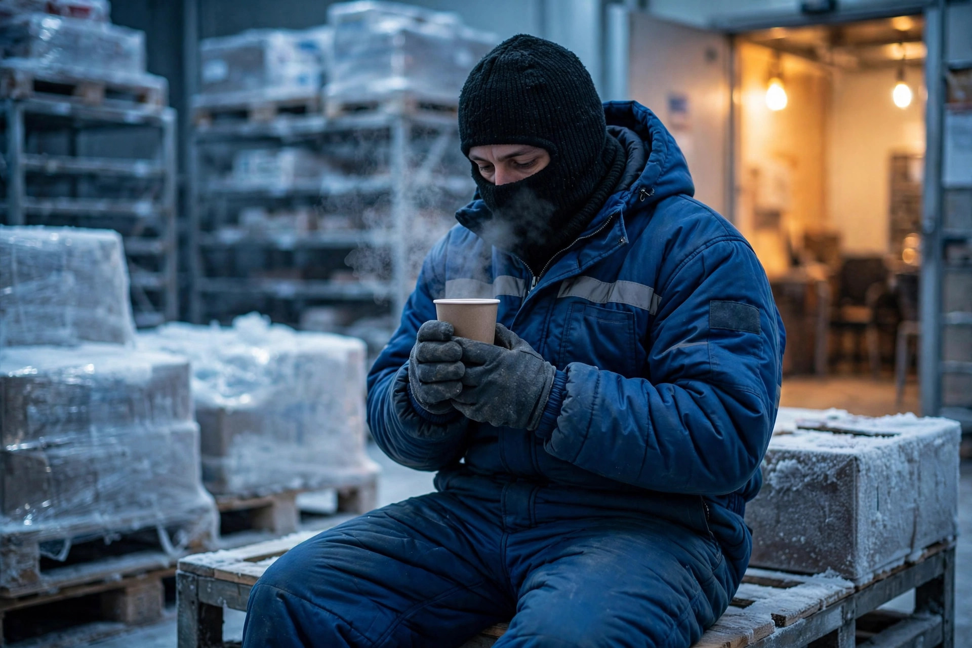 Un employé d'un entrepôt frigorifique prenant une pause de réchauffement avec une boisson chaude
