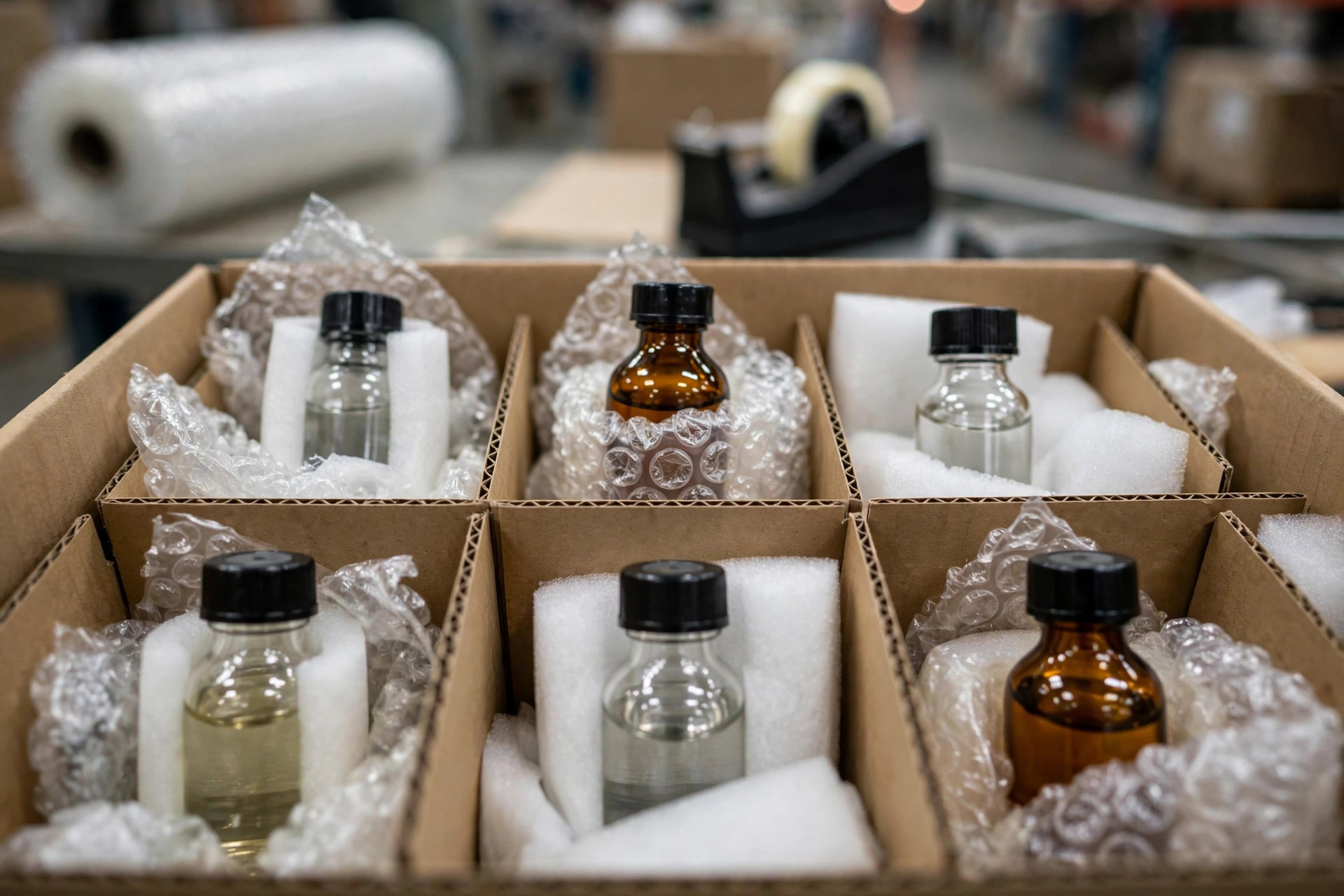 Primer plano de pequeñas botellas químicas en compartimentos divisores amortiguados: los límites de envase interior y la amortiguación segregada son la primera puerta del cumplimiento de cantidad limitada