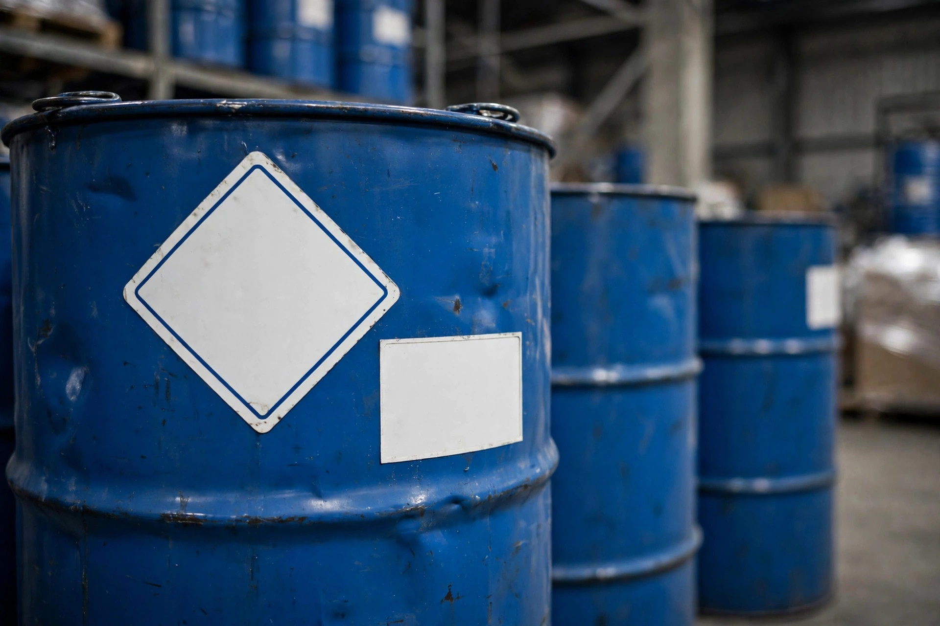 Primer plano de una etiqueta de rombo de materiales peligrosos del DOT en un bidón