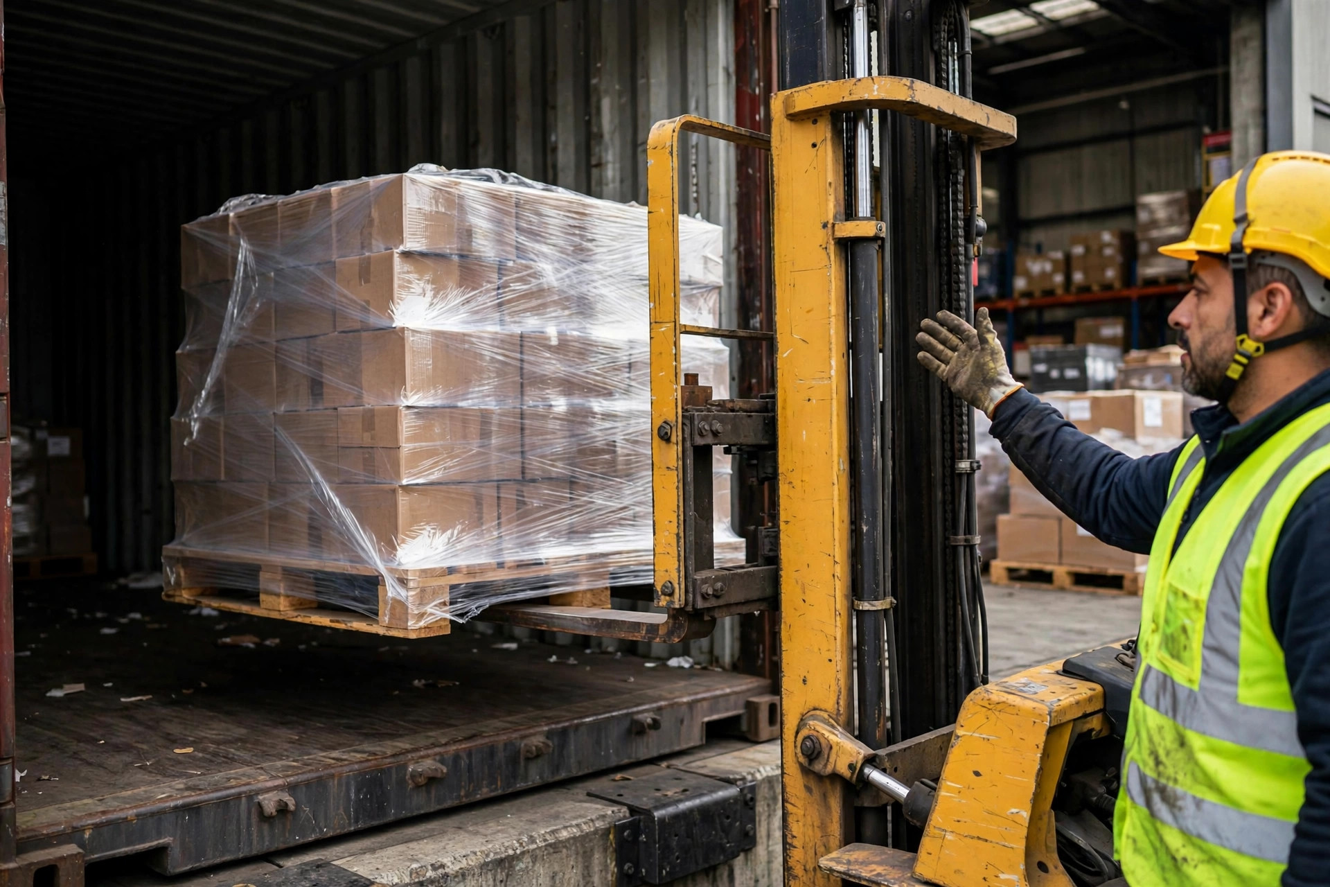 Forklift unloading palletized cargo from a shipping container