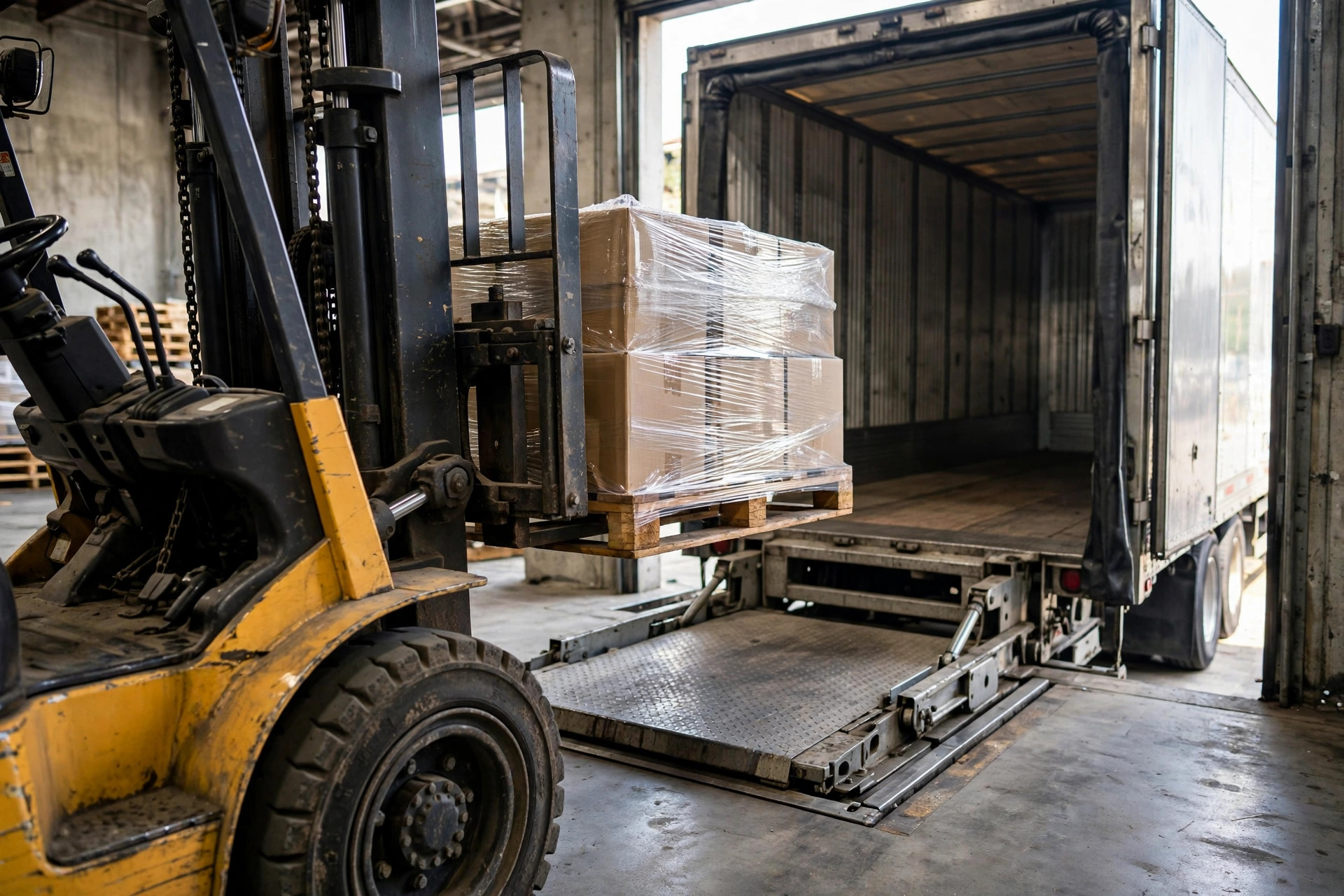 Trucks queued at warehouse dock doors