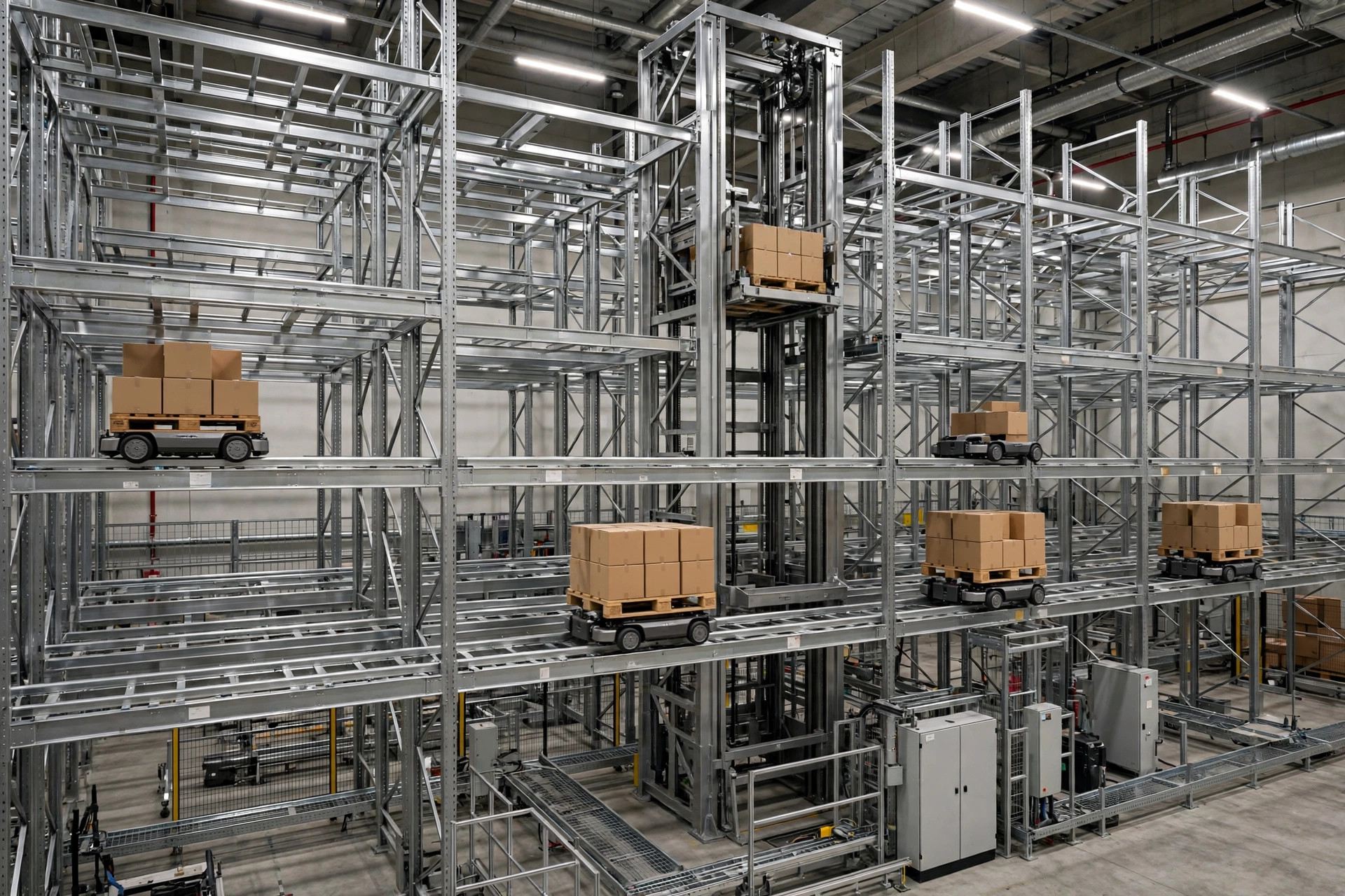 Robots navette quatre directions déplaçant des palettes sur des rayonnages sur rails
