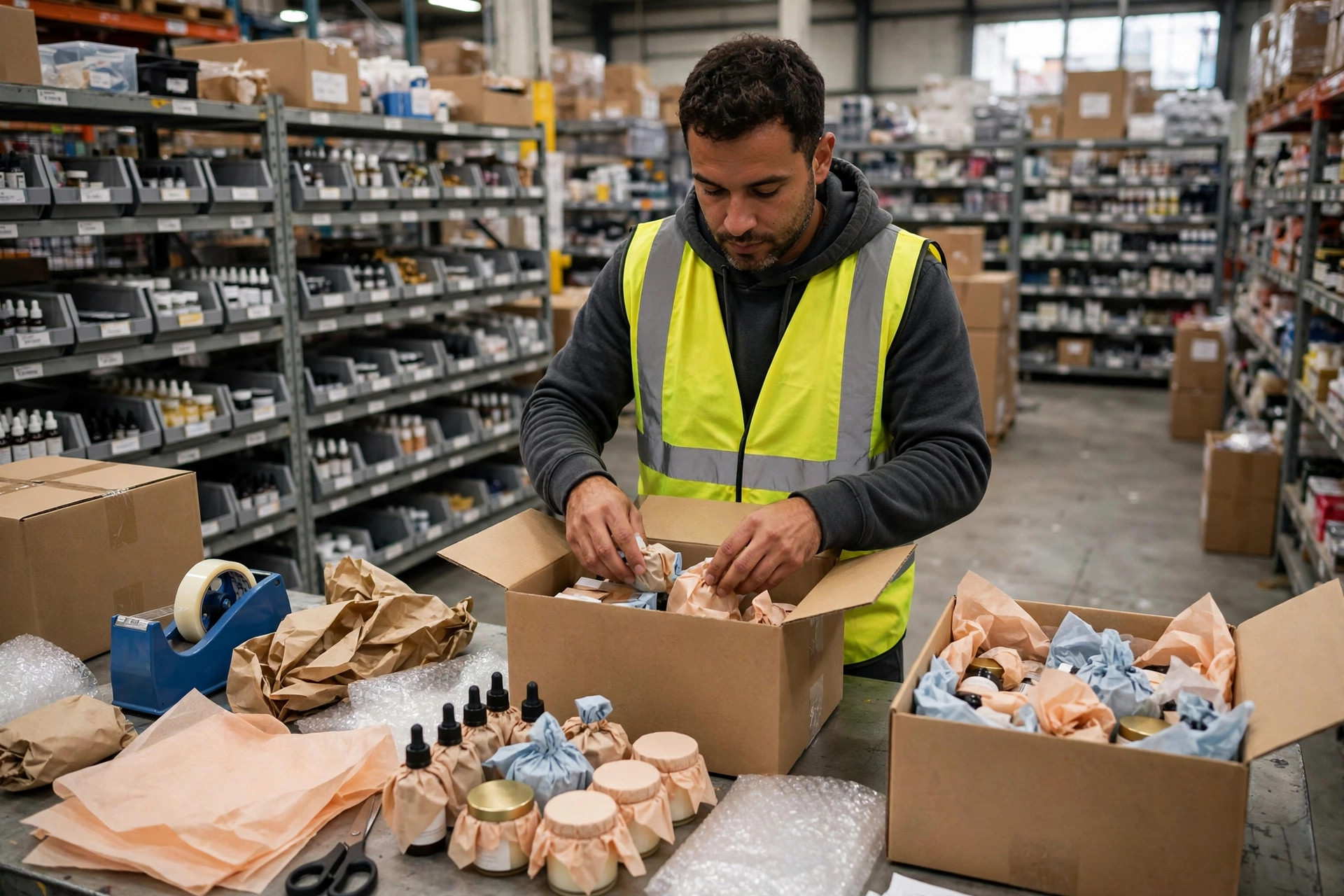 Un trabajador empacando kits de muestras para influencers en una estación de empaque