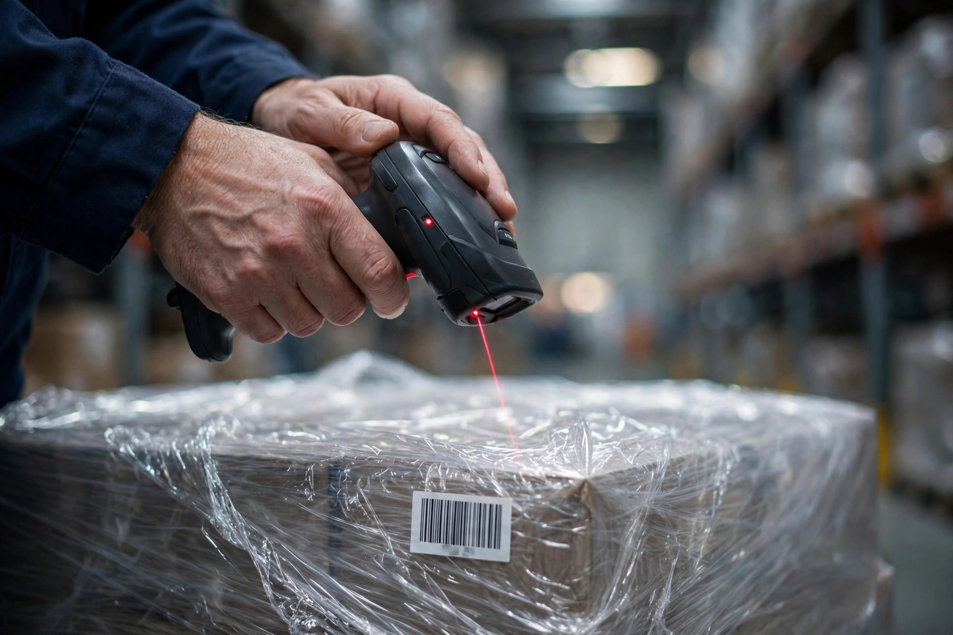 Asociado de almacén escaneando una etiqueta de ID de pallet con un escáner de mano durante la verificación de inventario