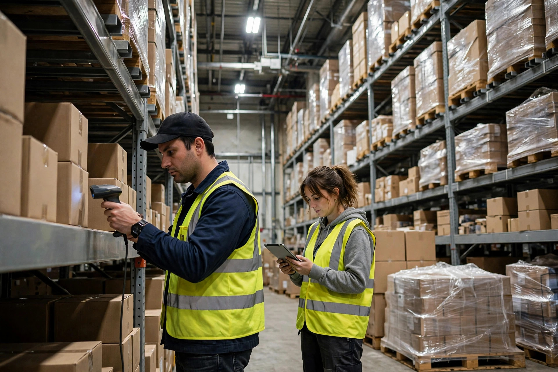 Warehouse associate scanning inventory in a racking aisle