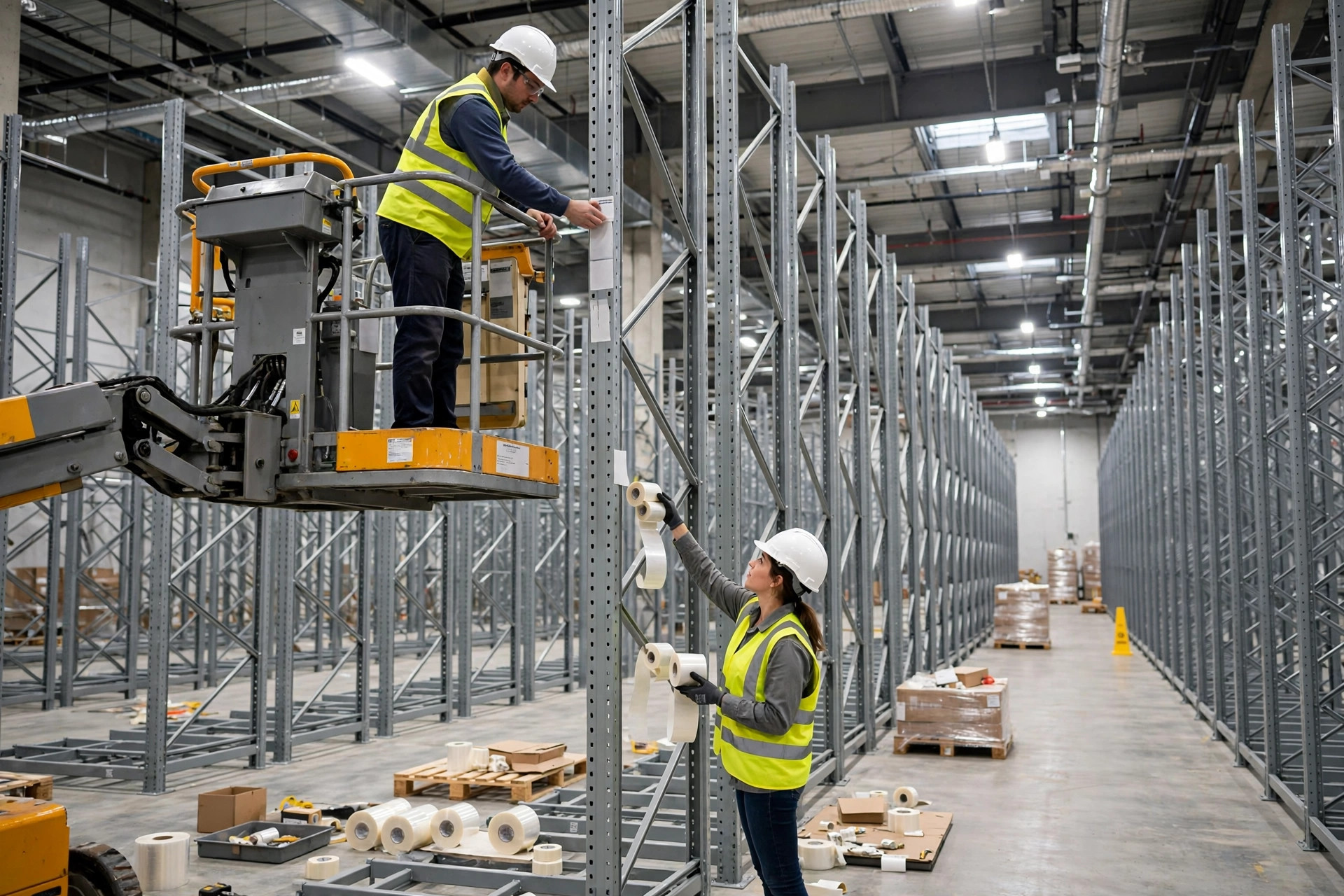 Trabalhadores aplicando etiquetas de localização com código de barras em novas estantes de pallets antes da abertura de um armazém