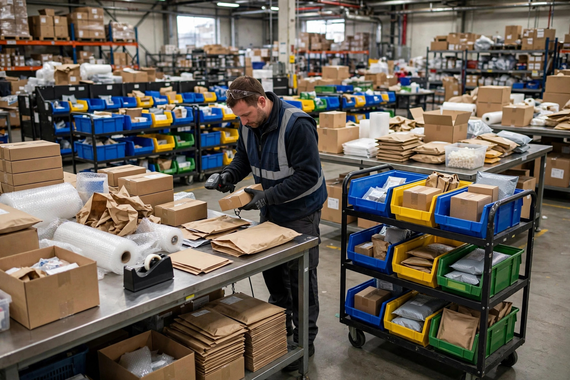 Warehouse team sorting multi-channel orders at a packing station