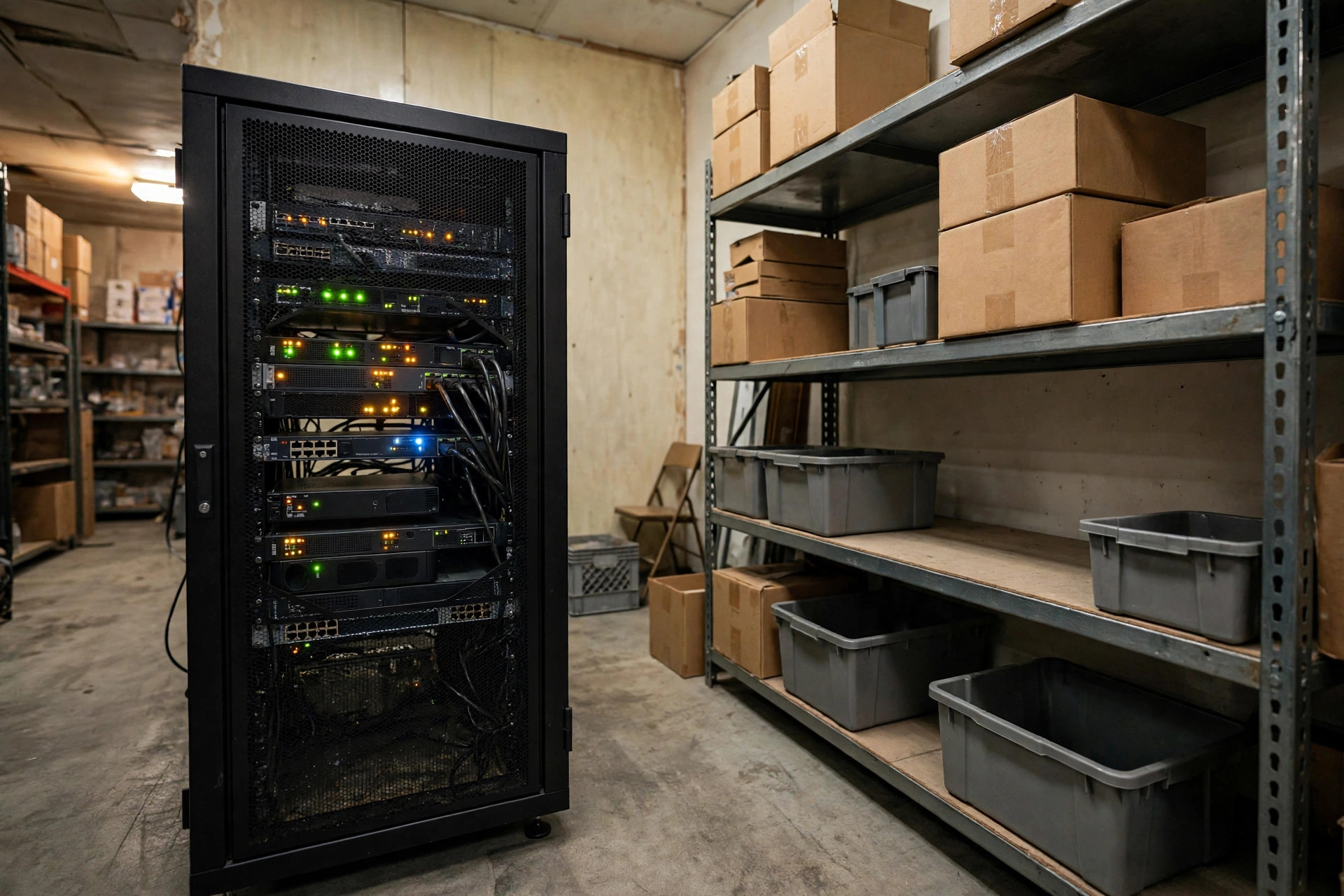 在庫棚のそばにある倉庫のバックオフィスのコンパクトなサーバーラック