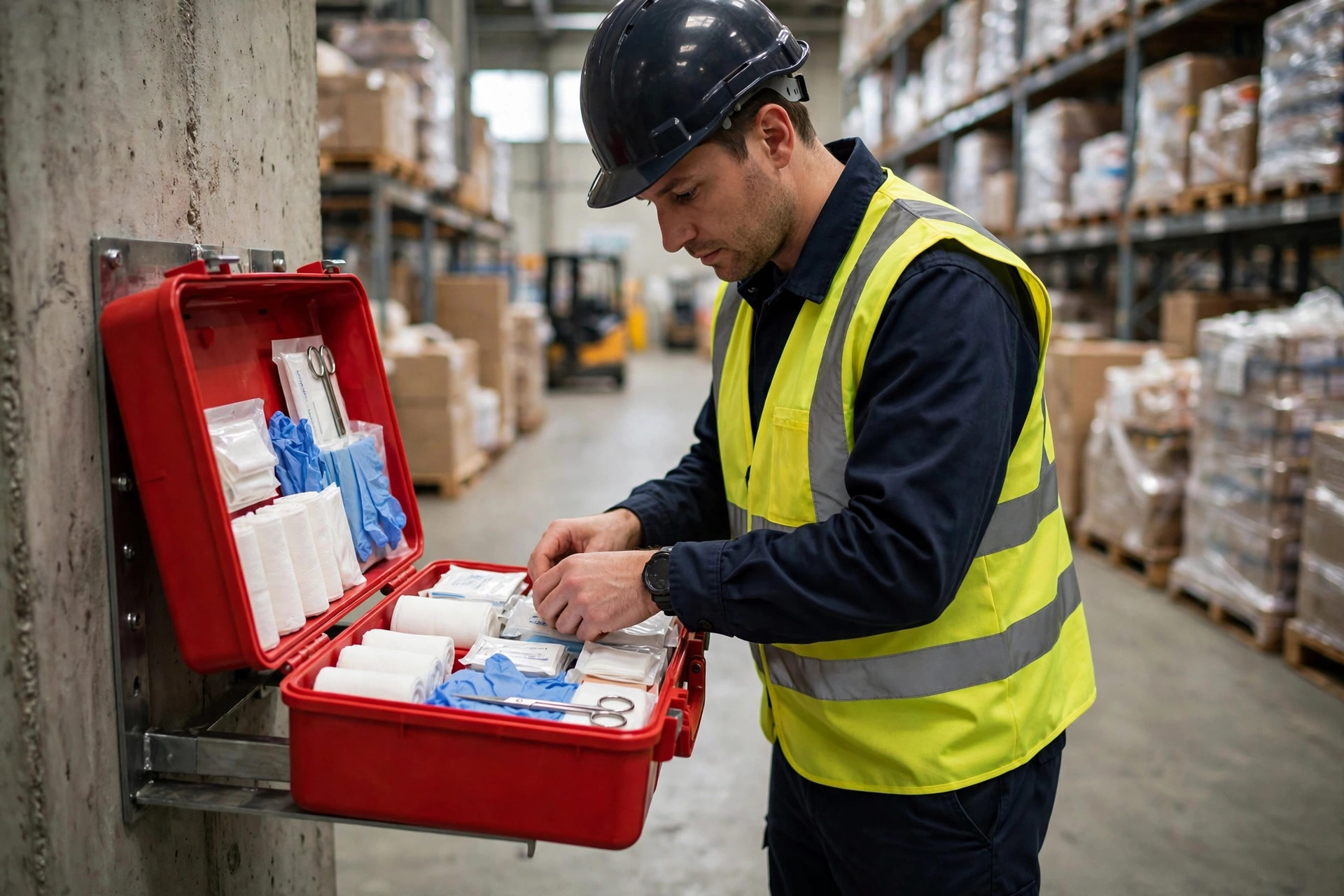 Warehouse first aid kit and safety officer inspection
