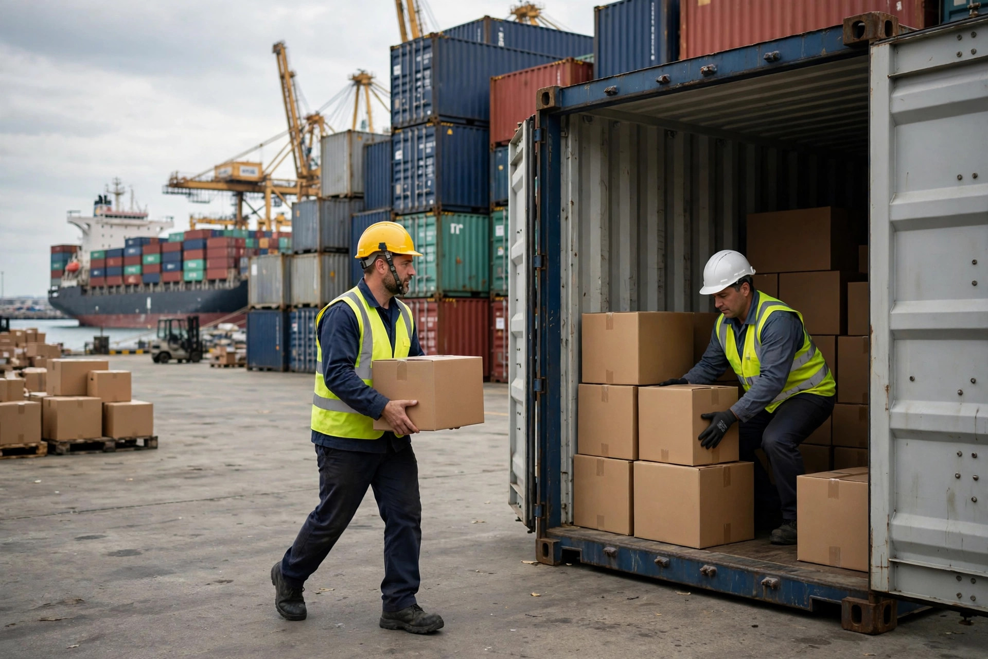 Container loading at the port for return shipment