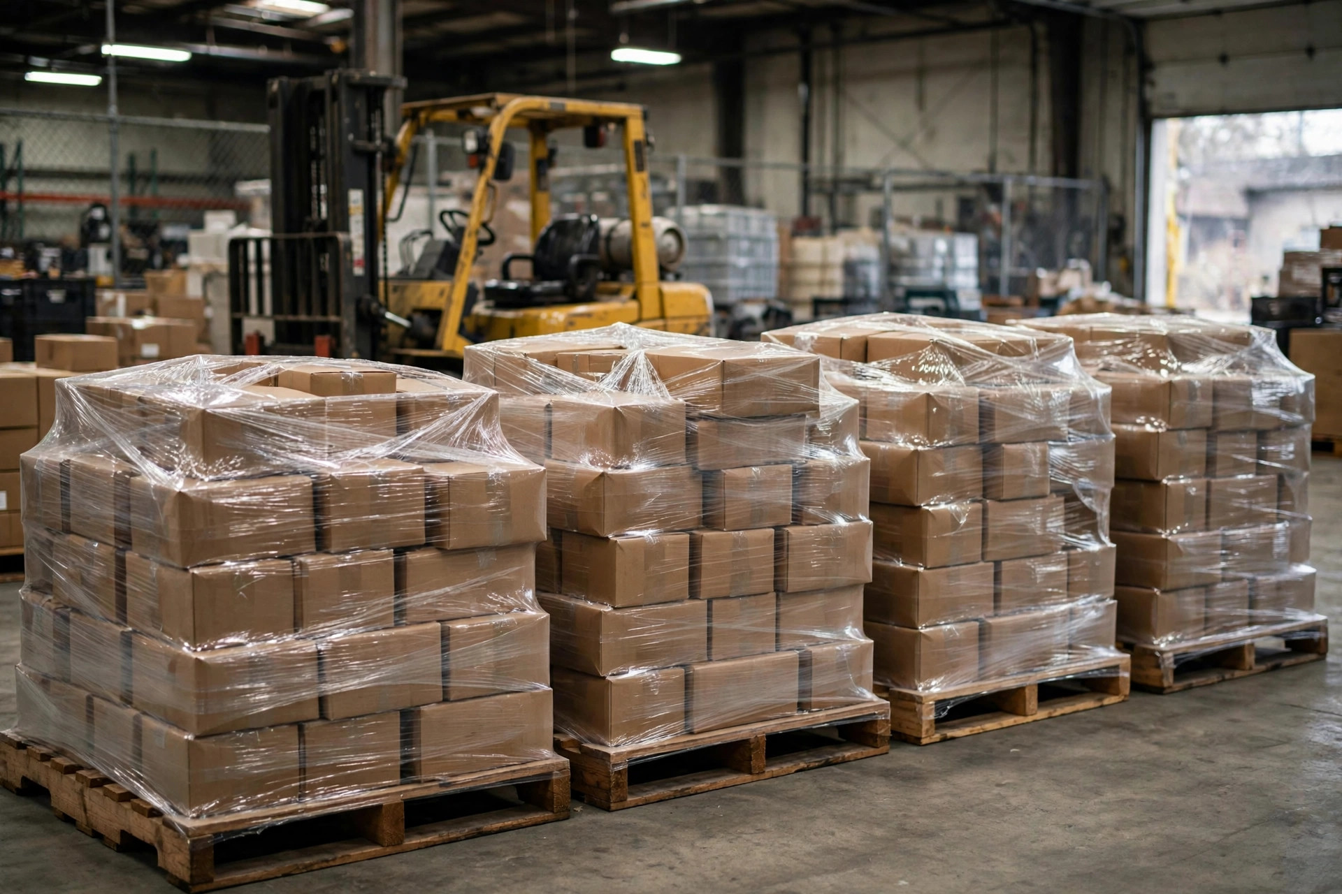 Paquetes empacados apilados en pallets esperando la recogida del transportista